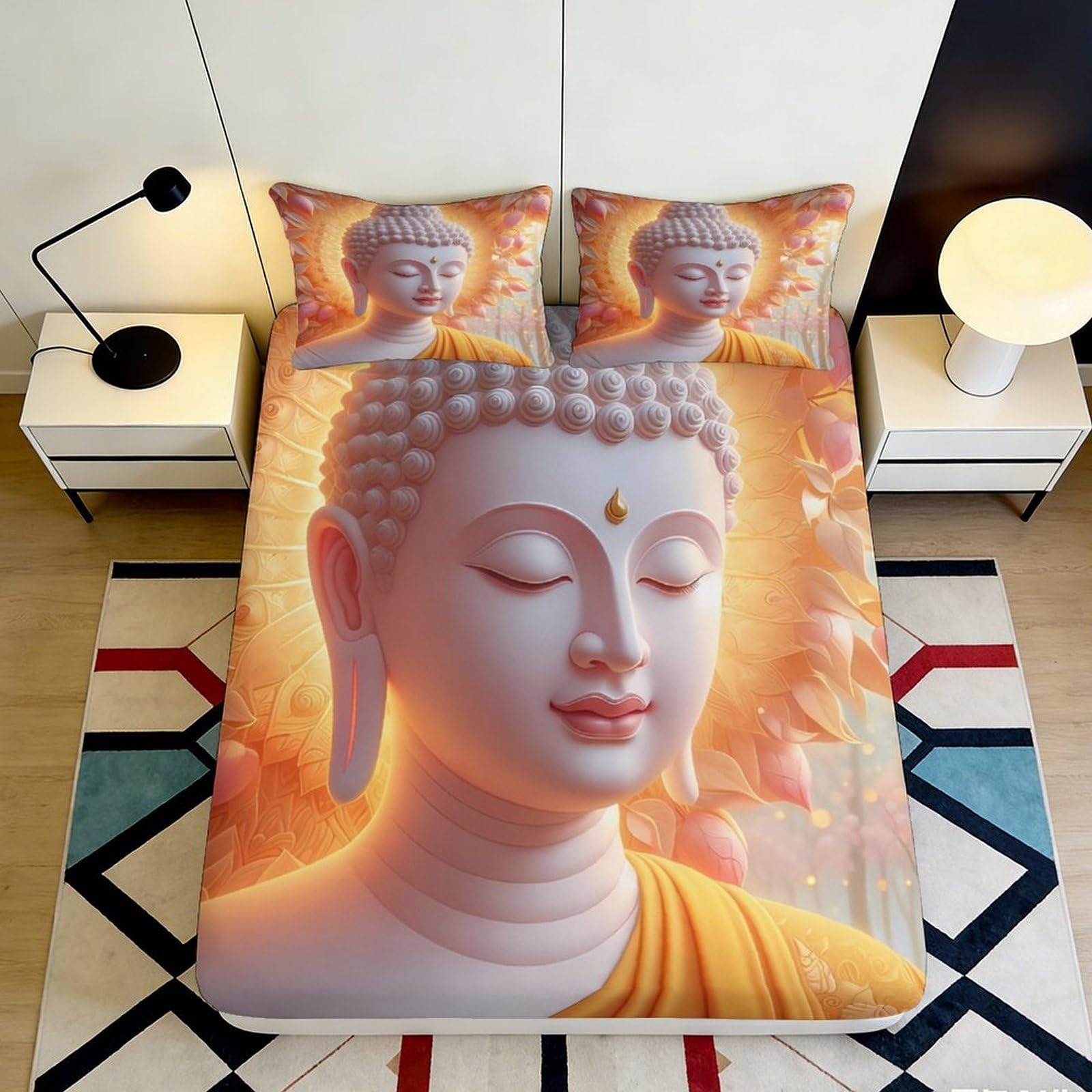 3D Printed Buddha Golden Aura Fitted Sheet Microfiber Soft Non-slip Lotus Bed Cover for Bedroom Guest Room Easy Care Decor 120x200x25cm