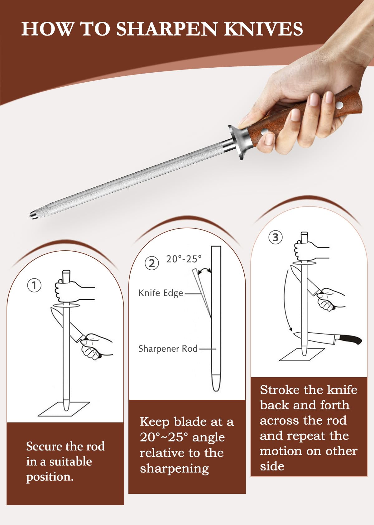 HEZHEN Chairas Afiladores de Cuchillos de Acero de Alto Carbono, Barra de Afilar Acero Inoxidable para Afilar Cuchillos de Cocina, Mango de Madera