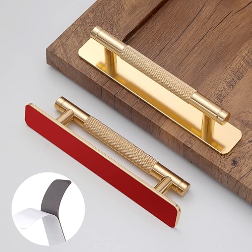 Paquete de 2 manijas de gabinete moleteadas de barril dorado autoadhesivas de 5 pulgadas de 5.039 in con placa base, tiradores de gabinete de