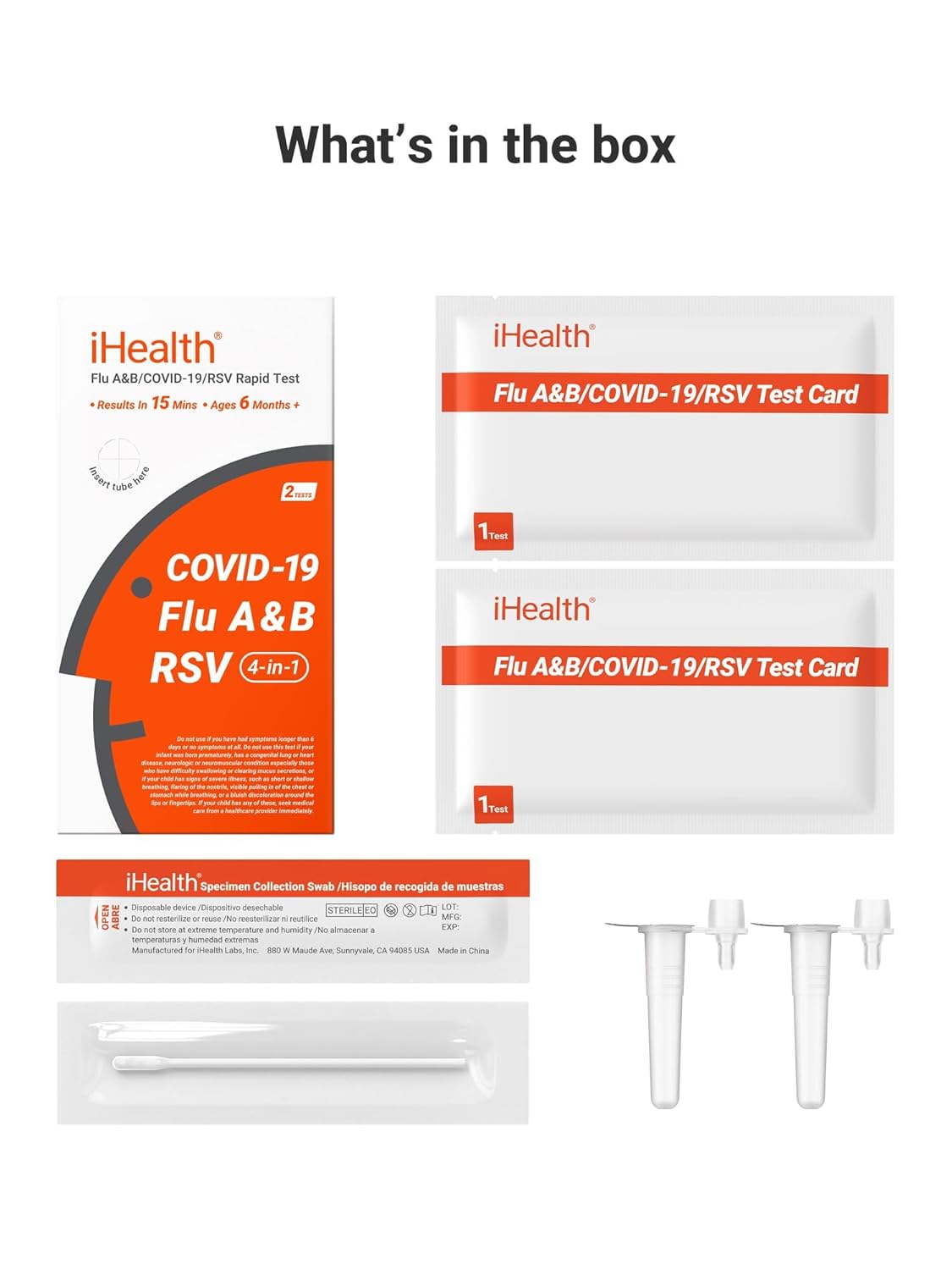 iHealth Flu A/B, COVID-19 & RSV 4-in-1 Antigen Rapid Test, Results in 15 Minutes, FDA Authorized OTC Home Test, Non-Invasive Nasal Swab, Easy to Use & No Discomfort (1 Pack, 2 Tests Total)