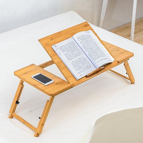 Miniatura 2 de Magshion Escritorio ajustable para computadora portátil, bandeja de desayuno de bambú, mesa de sofá con patas plegables para oficina en casa,