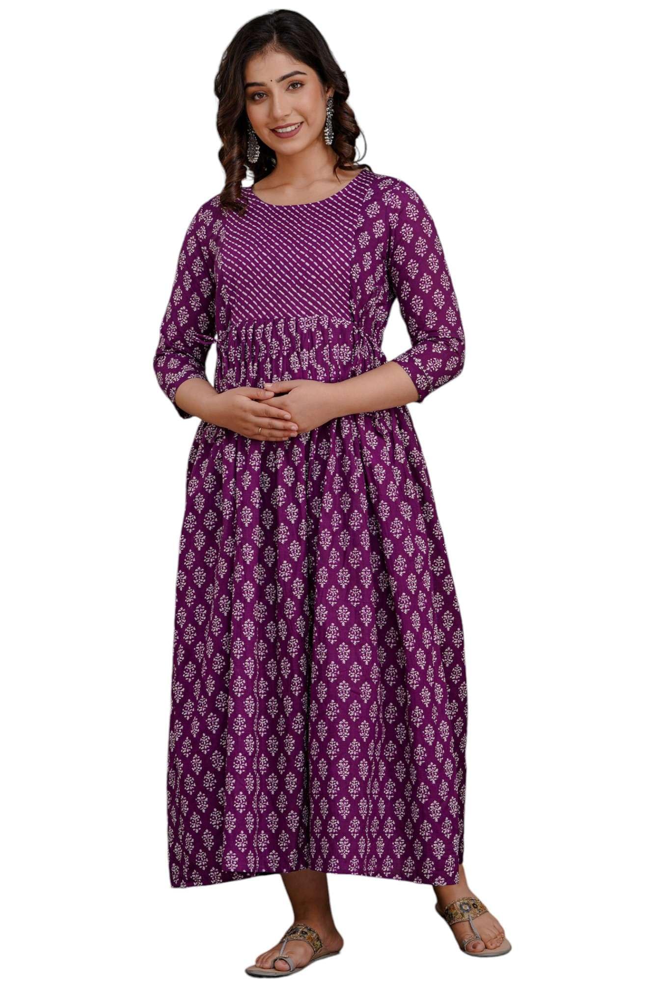 Women's Pure Cotton Maternity Gown Dress | A-line Feeding Kurti | Purple Kurtis for Women & Girls-image-16