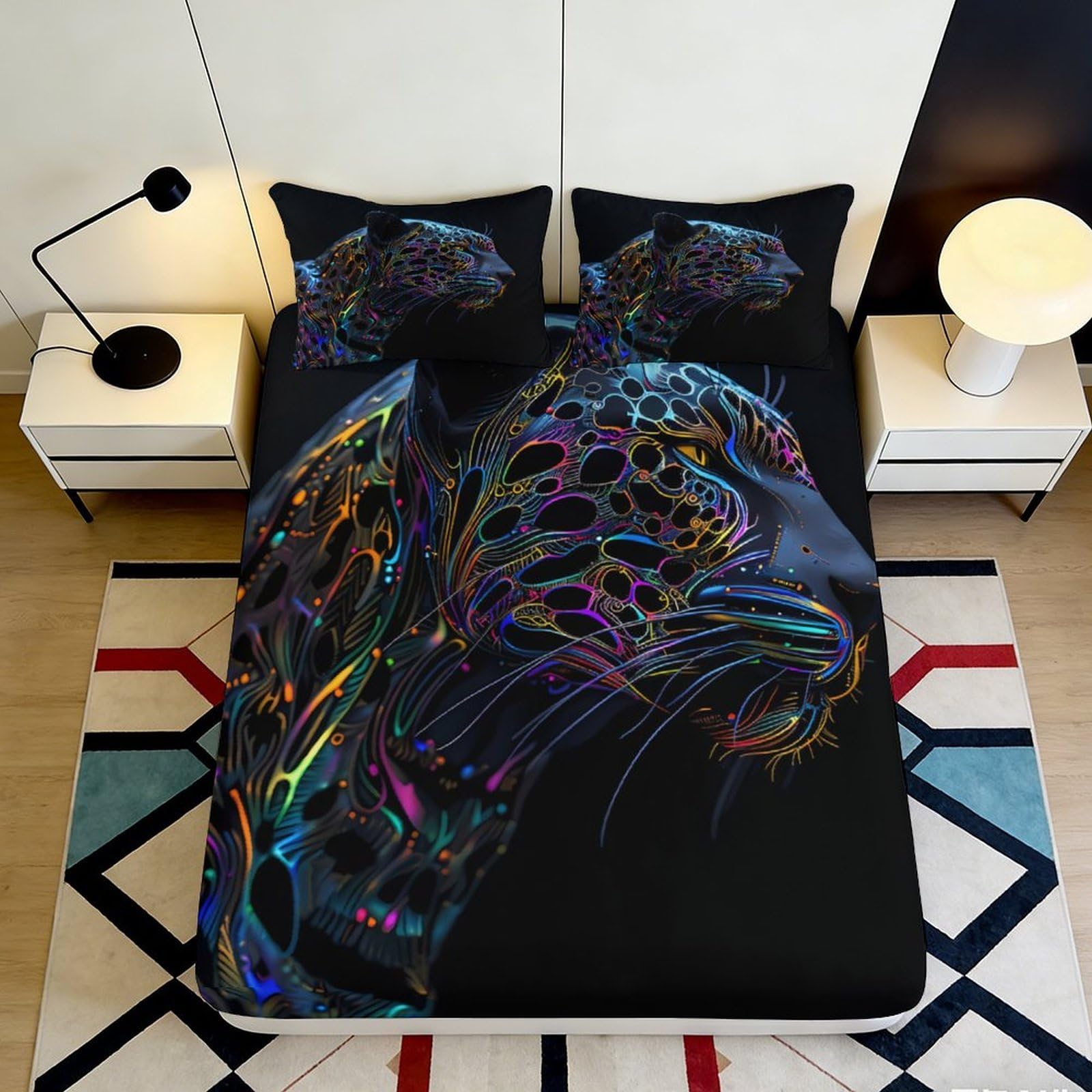 3D Printed Neon Panther Fitted Sheet Microfiber Soft Breathable Abstract Leopard Mattress Cover for Bedroom Decor 180x200x25cm