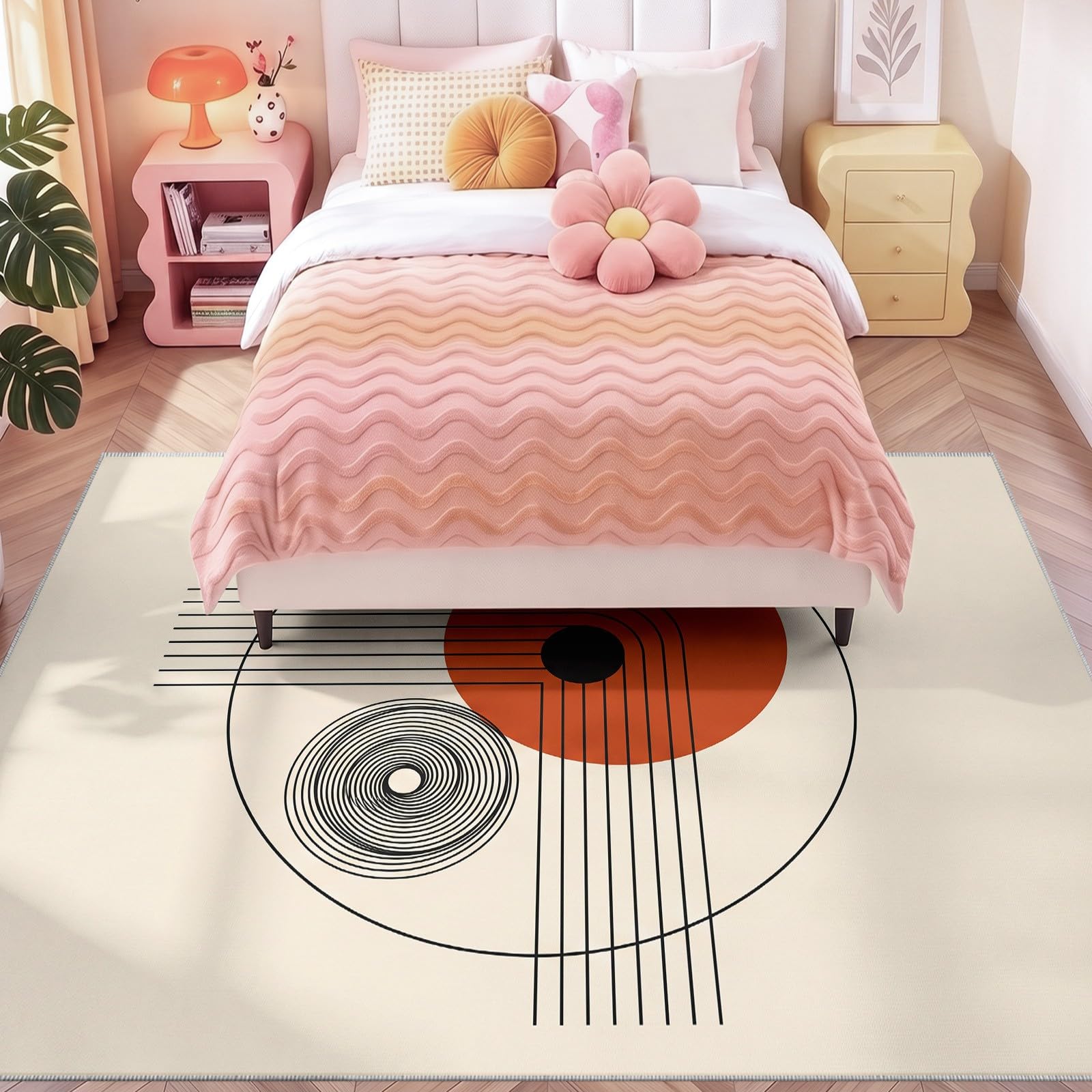Minimalistisch Geometrisch Teppich, Boho Kreis Linie-Waschbarer Kurzflorteppich, Antirutschunterlage, Bodenteppich für Wohnzimmer Schlafzimmer Küche Esszimmer, 60 x 120 cm Beige