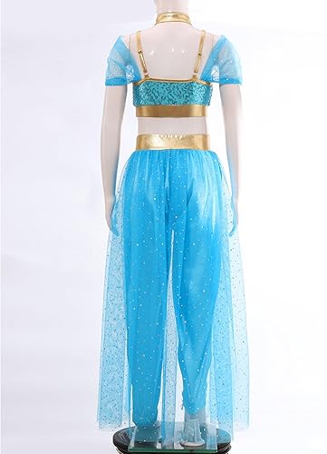 Miniatura 4 de Agoky Disfraz de princesa árabe para niñas, disfraz de Halloween con lentejuelas, vestido de danza del vientre, jazmines, cosplay, disfraz, 3 piezas