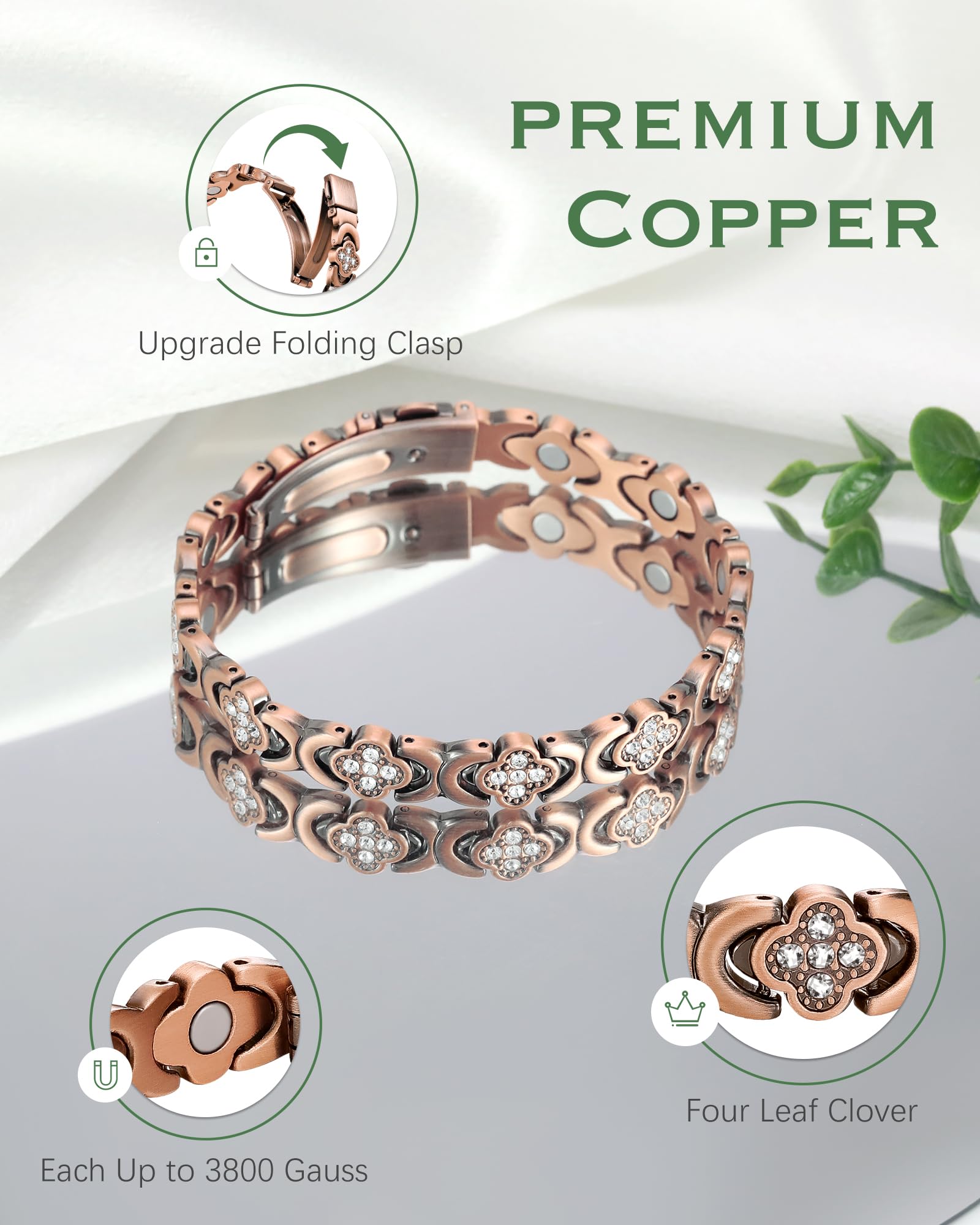 Jeracol Copper Bracelet for Women,Magnetic Bracelets with Lucky Clover,Adjustable Length with Sizing Tool in Gift Box - Image 4