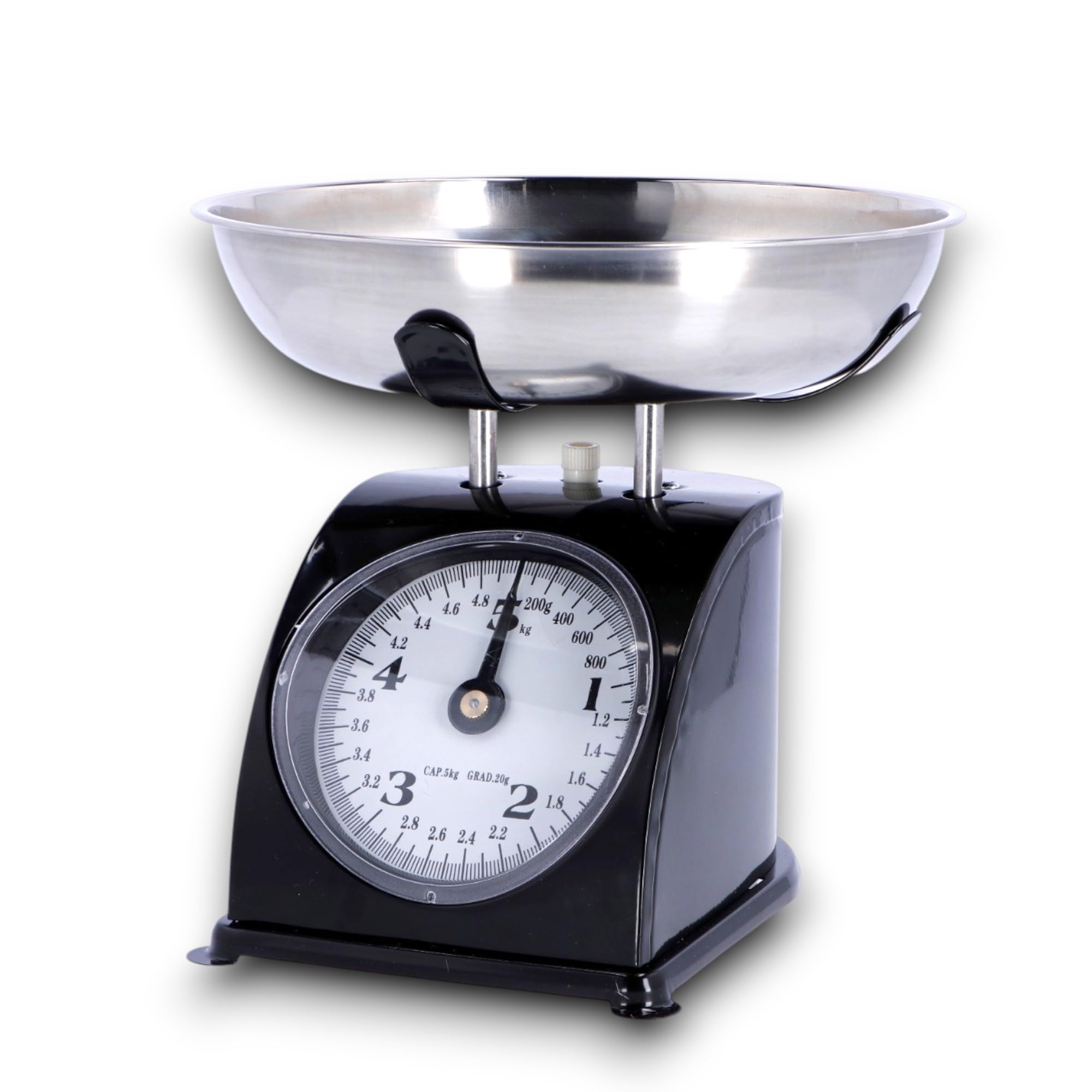 KORAT Bilancia da Cucina vintage Meccanica Tara manuale, quadrante grande e vaschetta in acciaio inox, capacità 5 kg struttura robusta in ferro, Analogica per alimenti