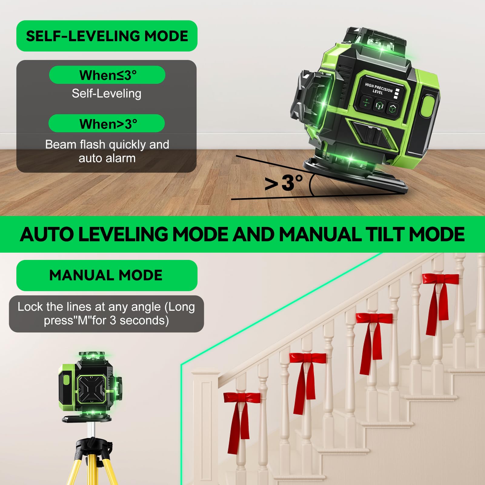 Nivel Laser Autonivelante 16 líneas 360 Grados, 4 x 360 Láser de línea con Trípode, Plataforma Elevadora y Soporte de Pared, Batería, Control Remoto, láser Cruzado Uso Interior y Exterior, verde