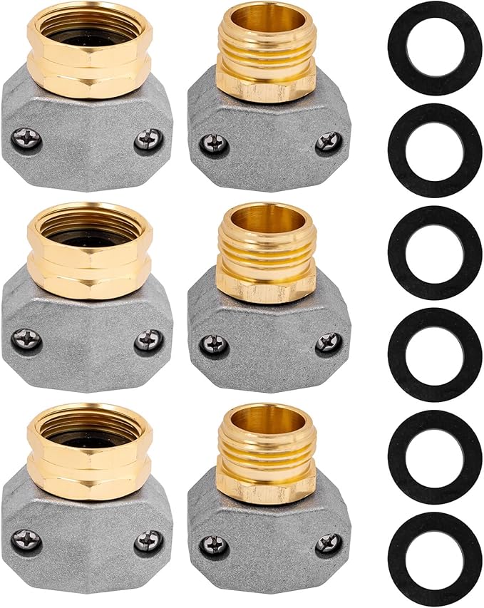 6 Pack Garden Hose Repair Fittings with Clamps, Aluminum Water Hose Ends Male and Female Hose