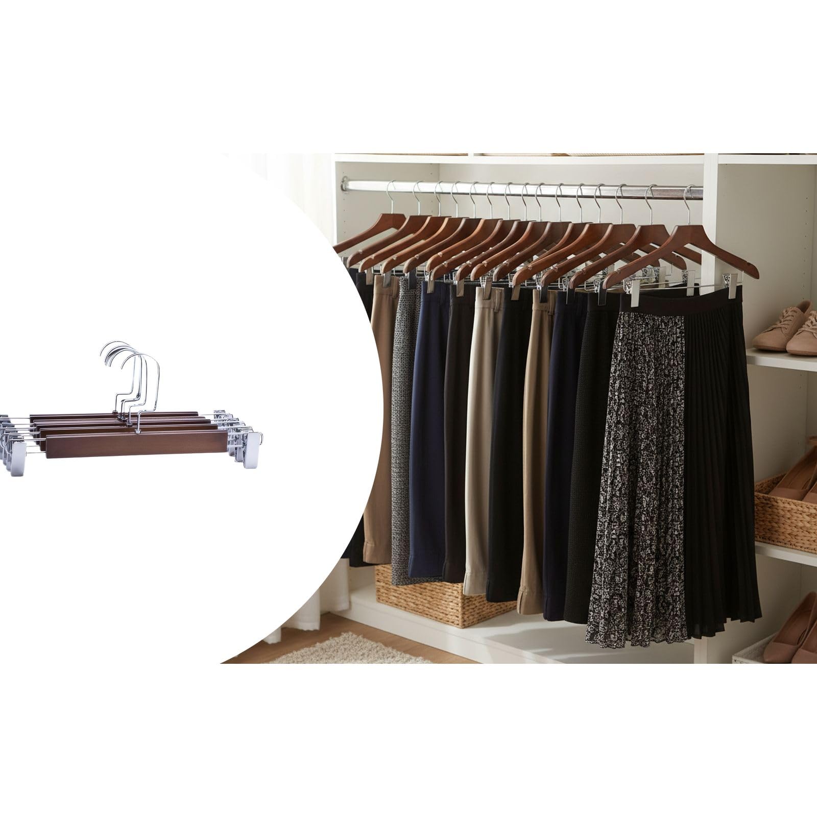 Percha de madera de alta calidad con clips para pantalones y faldas, colgador de ropa de madera suave con clips de metal para exhibición minorista y almacenamiento en el armario del hogar (marrón