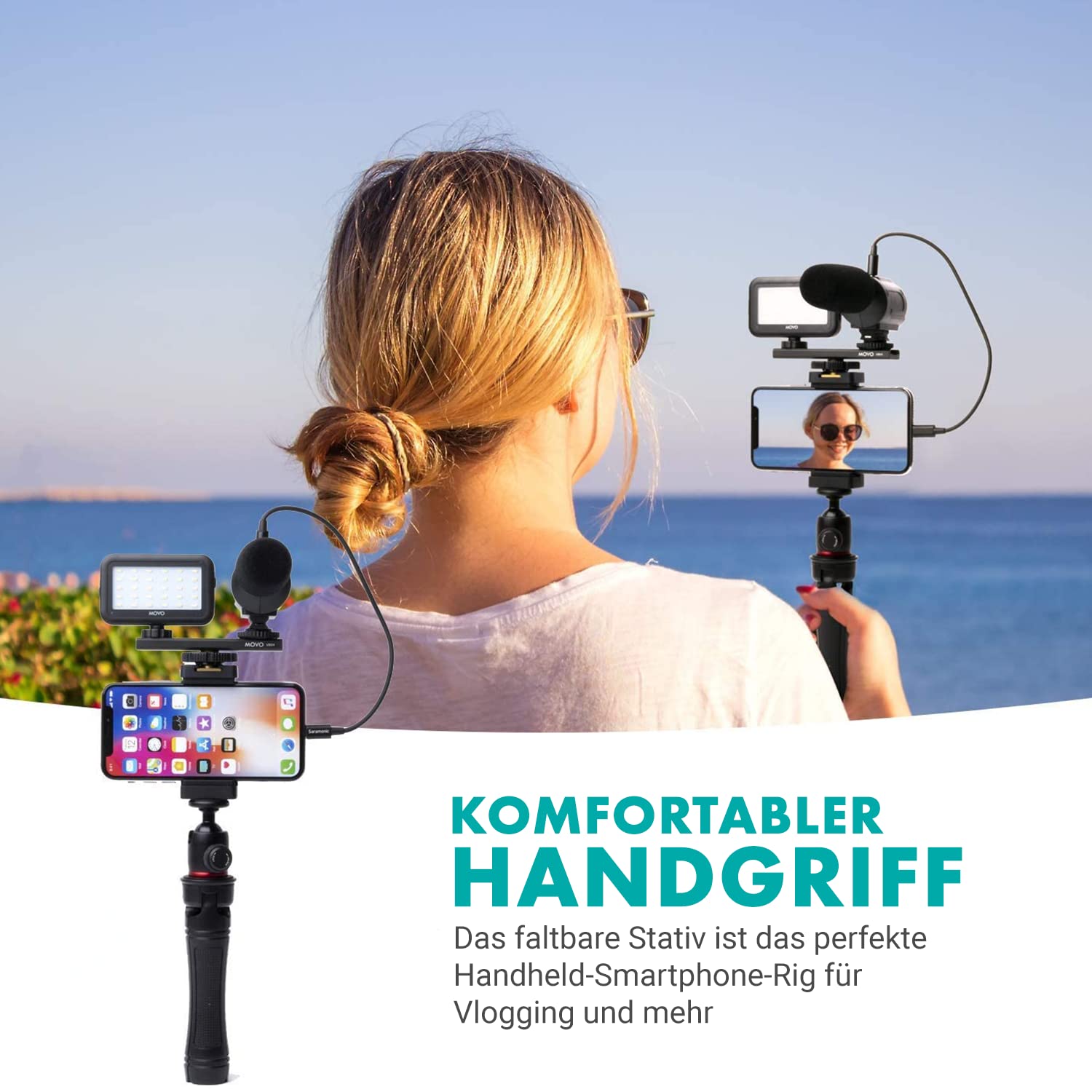 Movo iVlogger Vlogging-Kit für das iPhone - Lightning-kompatibles Video Vlogging Set - Zubehör: Handy Stativ, Handyhalterung, LED-Licht und Richtmikrofon - YouTube Starter Set oder iPhone Vlogging