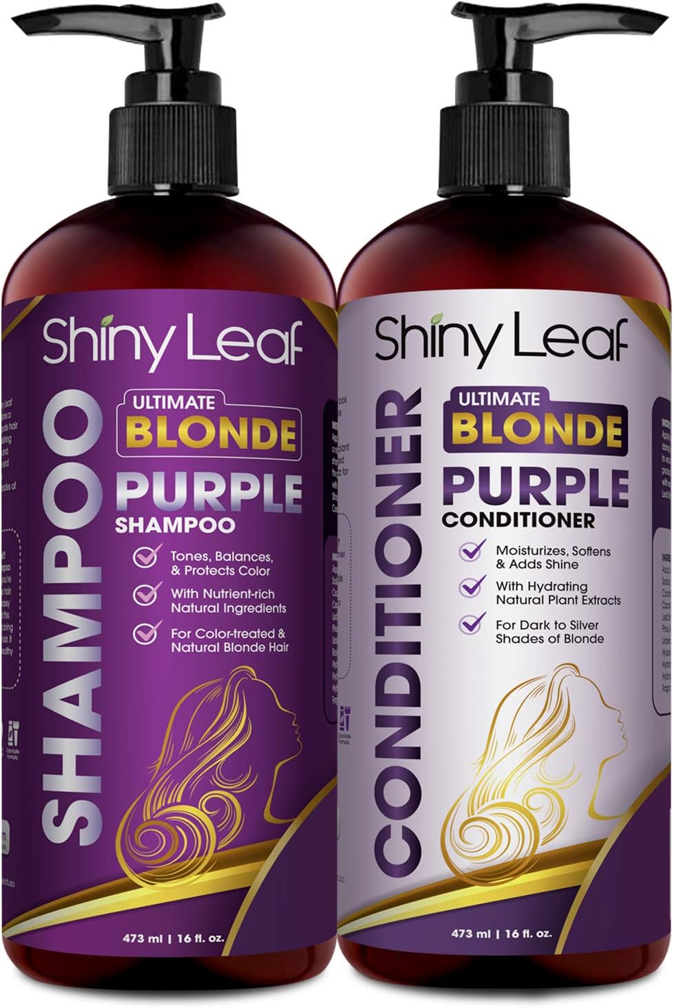 Shiny Leaf Ultimate Blonde Purple Shampoo and Conditioner – Sulfate and Paraben Free, Toning and Moisturizing for All Shades of Blonde and Bleached Hair – Enhances and Protects Color (2 x 16 fl. oz.)