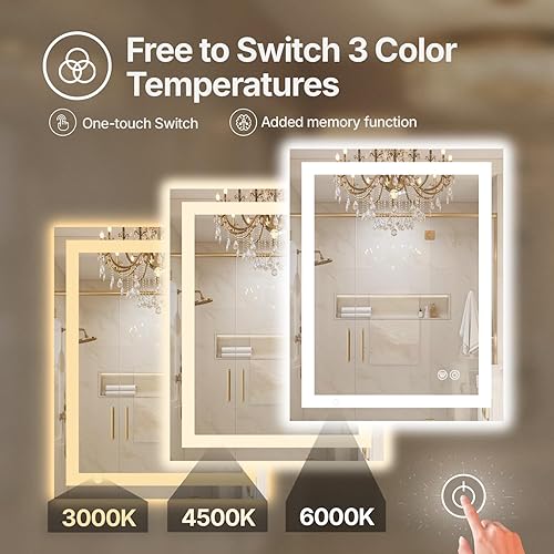 Miniatura 5 de Espejo de tocador LED de 30 x 36 pulgadas para baño, espejo LED frontal y retroiluminado para baño con 3 luces de color, espejo de tocador de pared