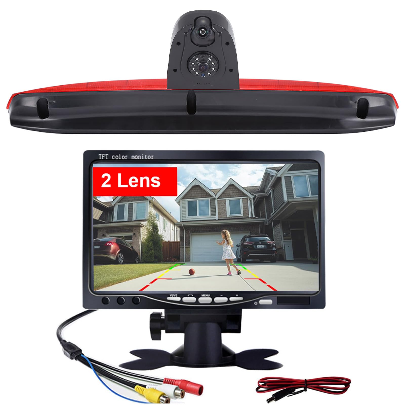 Cámara de visión trasera doble+monitor de pantalla de 7 pulgadas, tercera luz de freno, cámara de marcha atrás para Mercedes Vito Mixto W639 2010/Benz Vito 639 2019 W447 109 111 114 Dos puertas