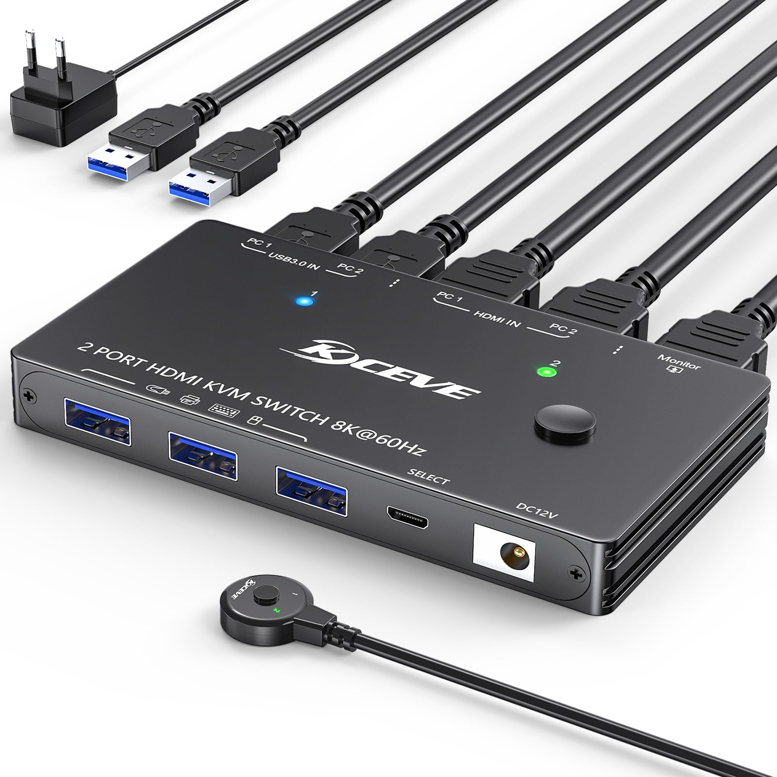 Przełącznik HDMI KVM 2 PC 1 monitor 4K 144 Hz 8K 60 Hz, 2 x 1 KVM Switch HDMI 2 porty do 2 komputerów Share 1 Monitor i 3 urządzenia USB 3.0, z przewodowym pilotem, kablem USB 3.0 i adapterem