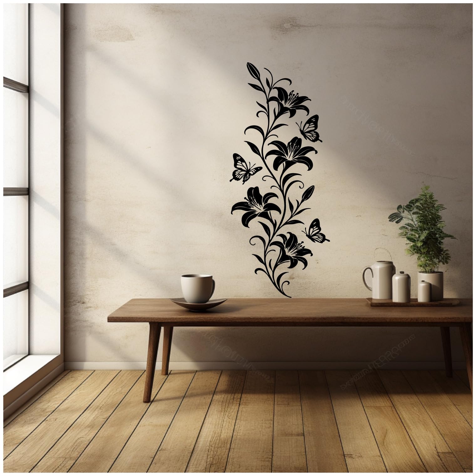 Samunshi® Wandtattoo Lilien Blumenranke mit Schmetterlingen Elegante Blumen Wanddekoration Florales Wandmotiv für Wohnzimmer, Schlafzimmer, Flur und Küche grau 57 x 150cm