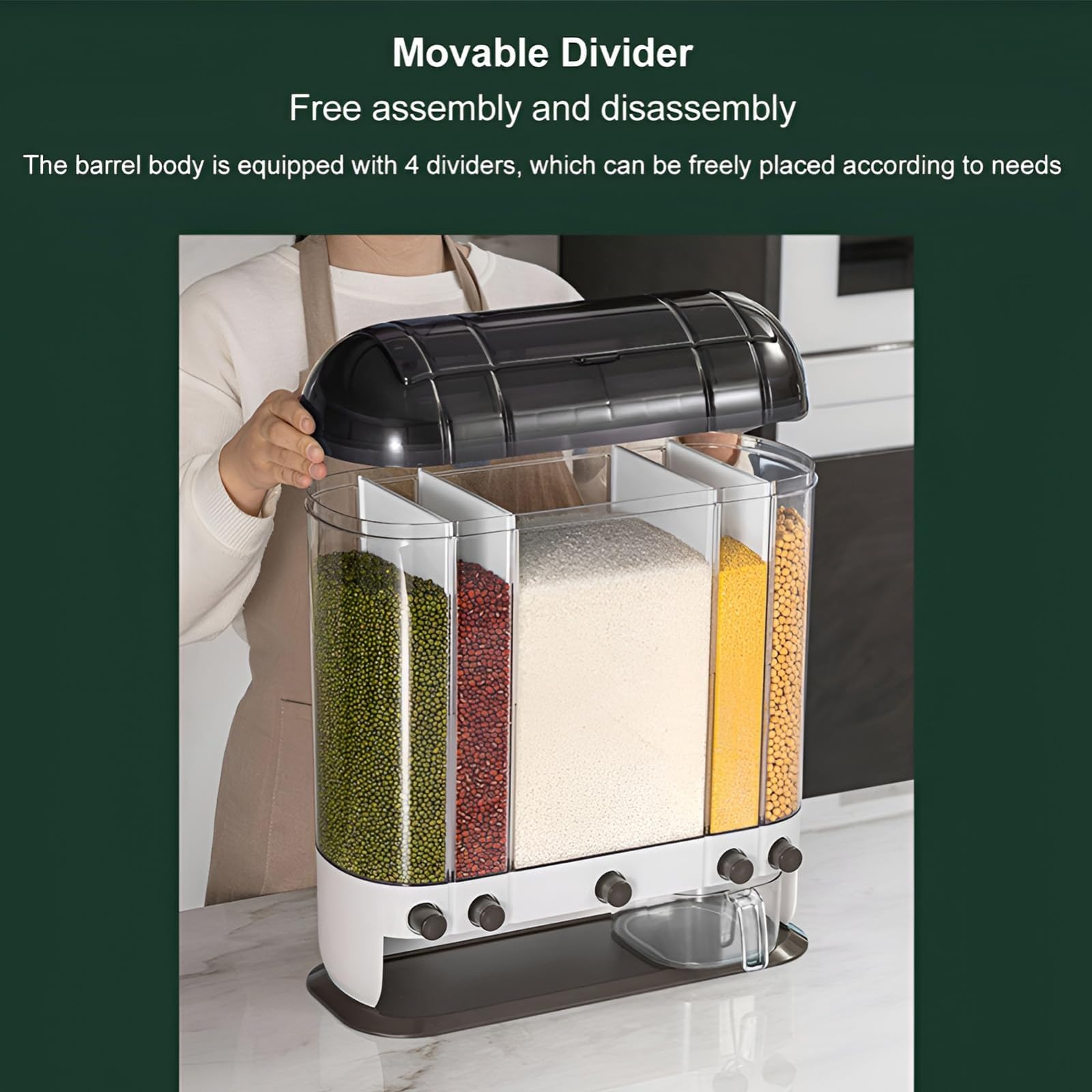 Dispensador de alimentos secos, dispensador de arroz de granos, dispensador de cereales de 5 rejillas con deflector extraíble de doble capa para organización de despensa y almacenamiento de cocina