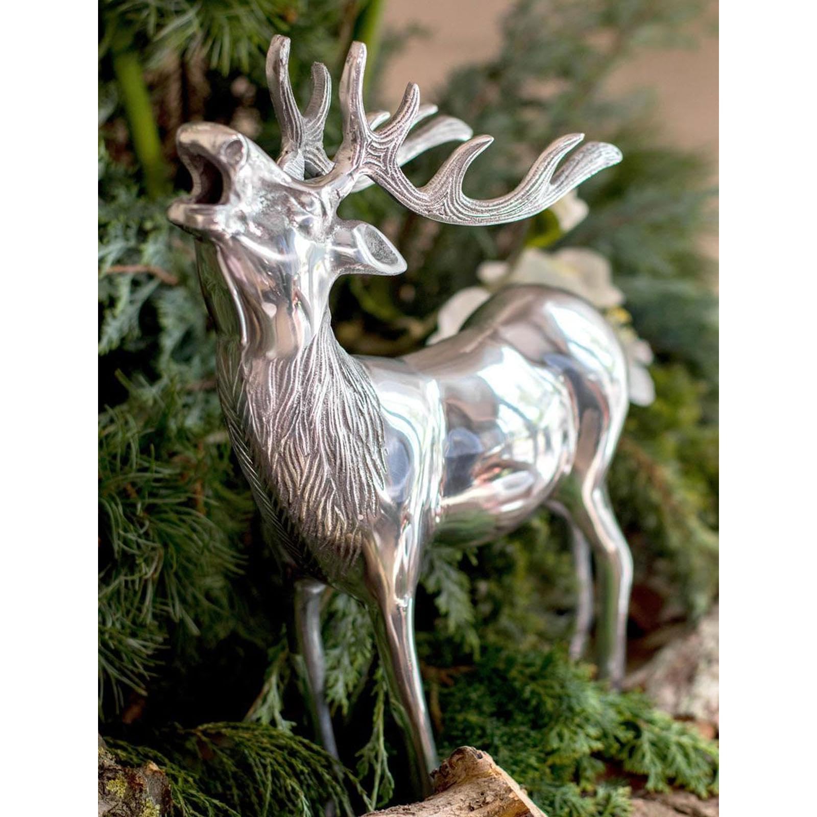 Hirsch Figur Aluminium XXL röhrend silbern - stehende Hirsch Dekofigur mit Geweih - Weihnachtsdeko zum Hinstellen - edle Wohndeko & Blickfang für Sideboard, Empfang oder Hotel-Lobby Höhe 42 cm