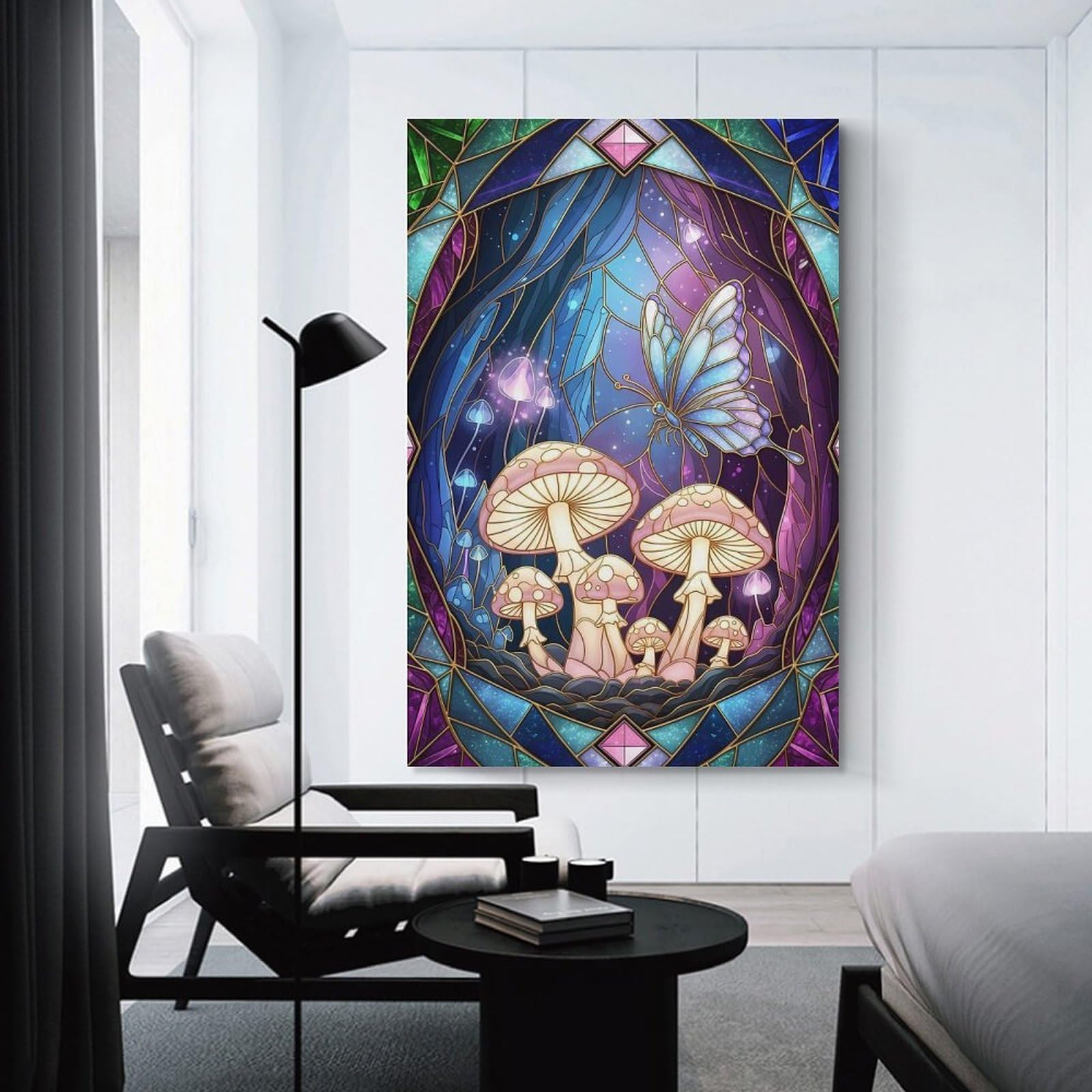 Junmoney Unframe-Style-1 Wall Picture Print Stained Glass Butterfly And Mushrooms, 12X18inch(30X45cm), For Contemporary Homes, Apartments Or Offices, Decorative Canvas Decor For Home Updates