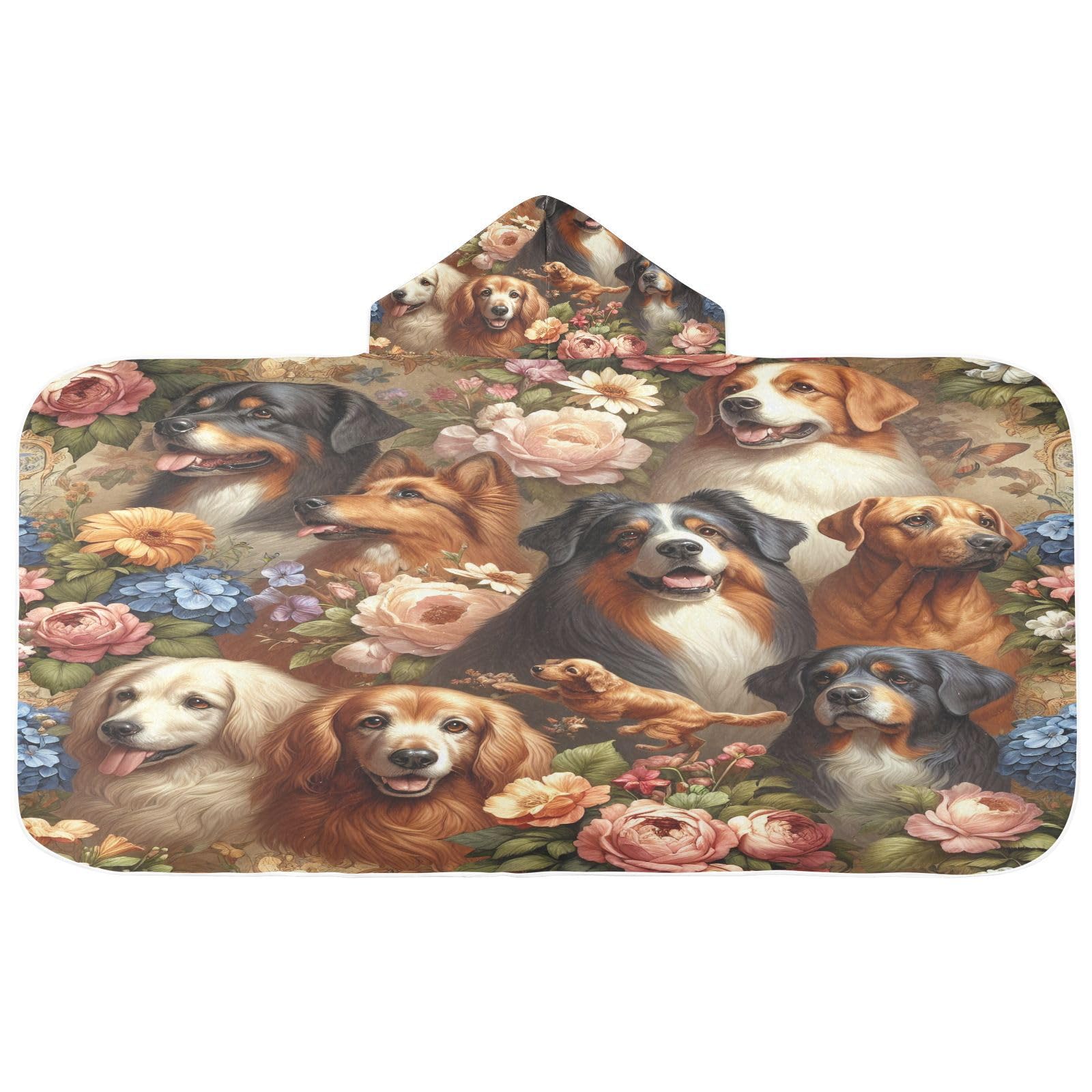 Kigai Dogs Flower Hooded Beach Towel for Kids Soft Absorbent Quick Dry Bath Towel with Hood Lightweight Toddler Shower Pool Bath Wrap for Boys Girls