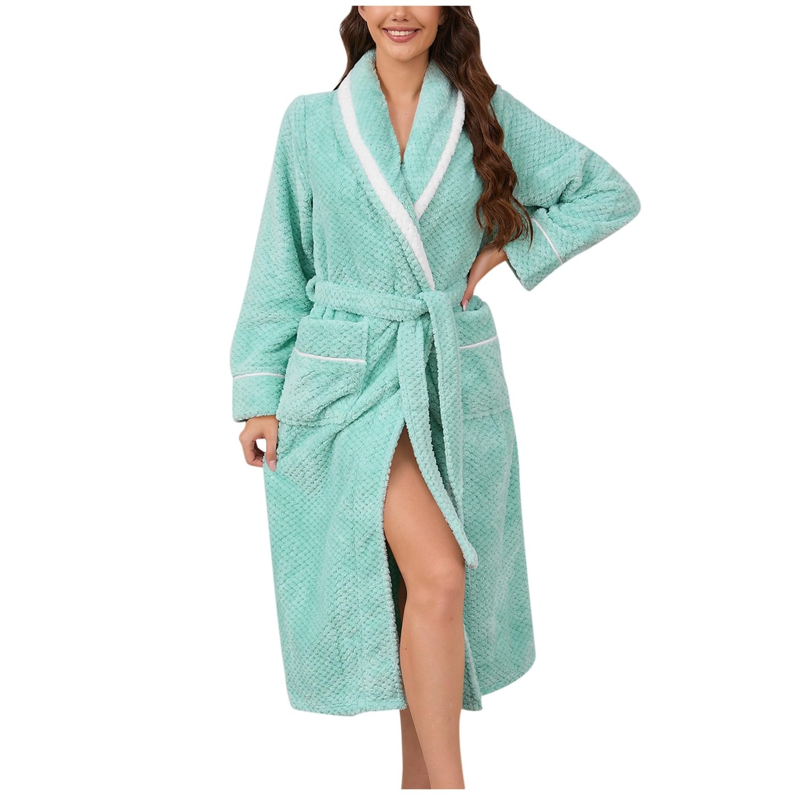 Generisch Peignoir de bain pour femme en tissu éponge moelleux en polaire douce et chaude en coton éponge torsadé poches côtelées longueur genou col en V spa plage mariage fête dormir