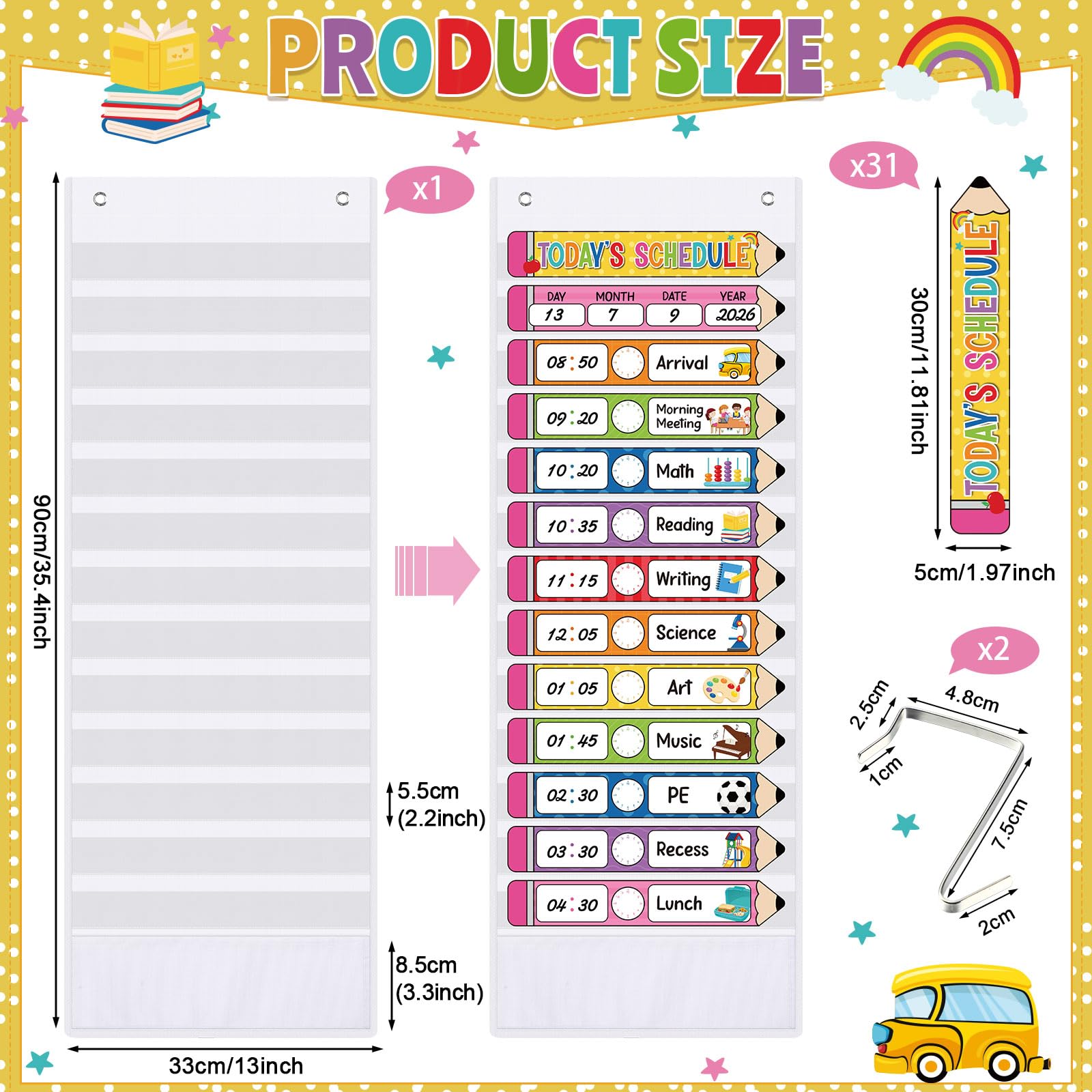 Pasimy Tagesplan-Taschendiagramm mit 31 Bleistiftkarten und 14 Taschen, Schulanfang, Klassenzimmer, Dekoration für Schule, Büro, Zuhause, pädagogische Aktivitäten