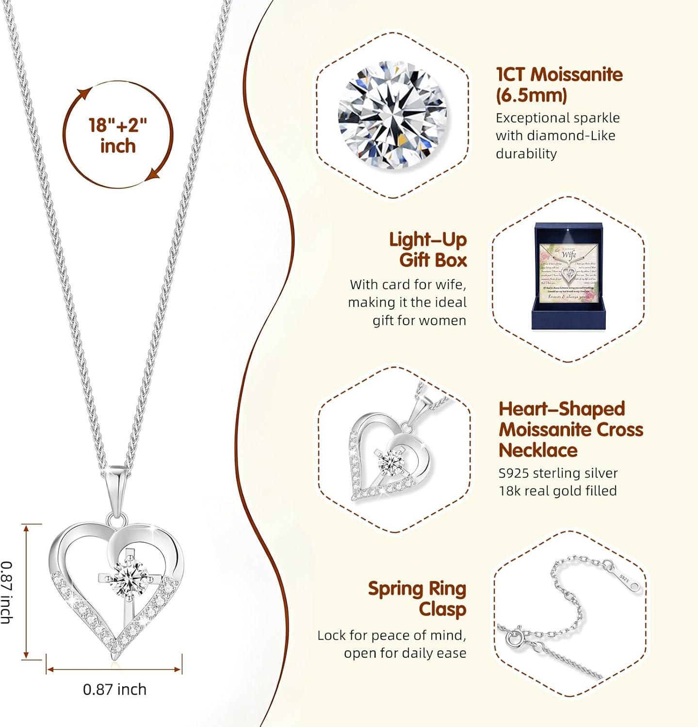 Moissanite Cross Necklace for Women in Light-Up Gift Box Heart Cross Jewelry 1CT Pendant for Women Gift Ideas for Wife Valentines Day Anniversary Birthday (S925 Sterling Silver/18K Real Gold Filled)