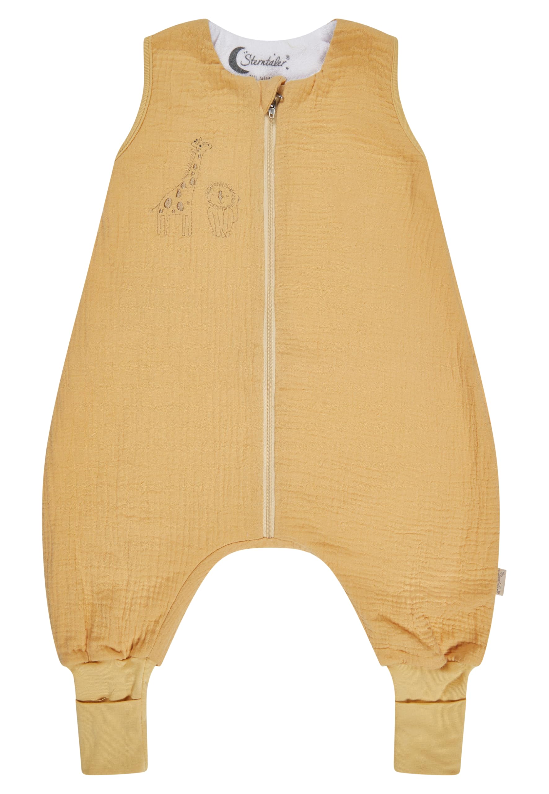 Sterntaler Schlafsack mit Beinen 68/74, Giraffe & Löwe – Musselin, Feinfrottee-Futter – Stulpen an Beinen – Zwei-Wege-Reißverschluss – 1,0 TOG – ocker