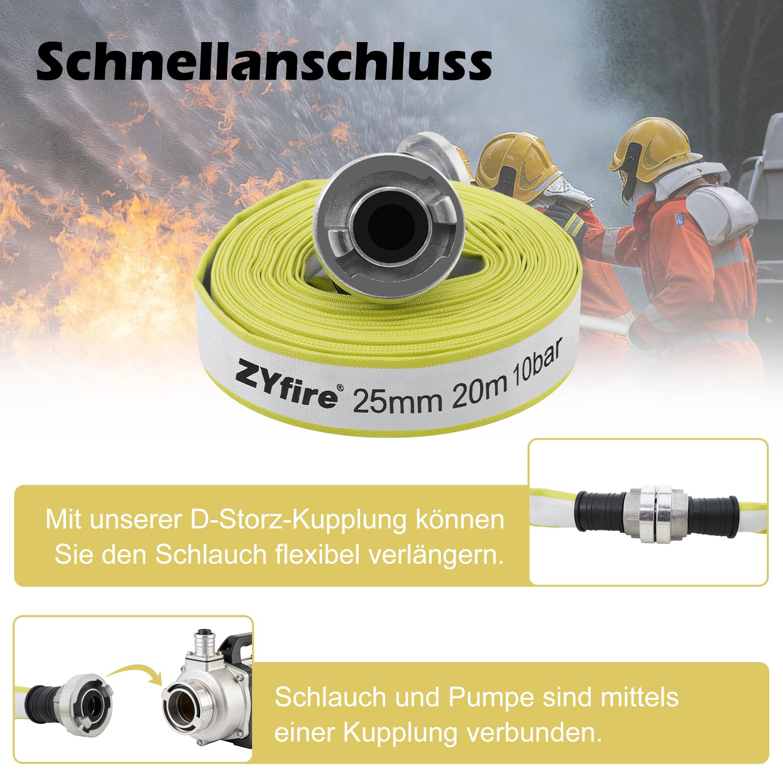 ZYfire Feuerwehrschlauch 25mm x 20m | 1 Zoll Schlauch mit D-Storz Kupplung