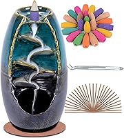SPACEKEEPER Blue Ceramic Backflow Incense Waterfall Burner Holder with 120 Upgraded Cones & 30 Sticks - Aromatherapy Home Decor