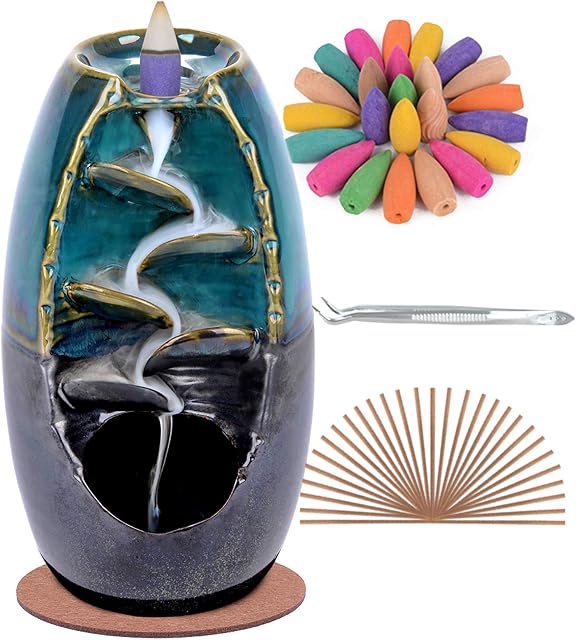 SPACEKEEPER Backflow Incense Holder/Burner Waterfall , Ceramic Aromatherapy Ornament Home Decor with 120 Backflow Incense Cones + 30 Incense Stick, Blue
