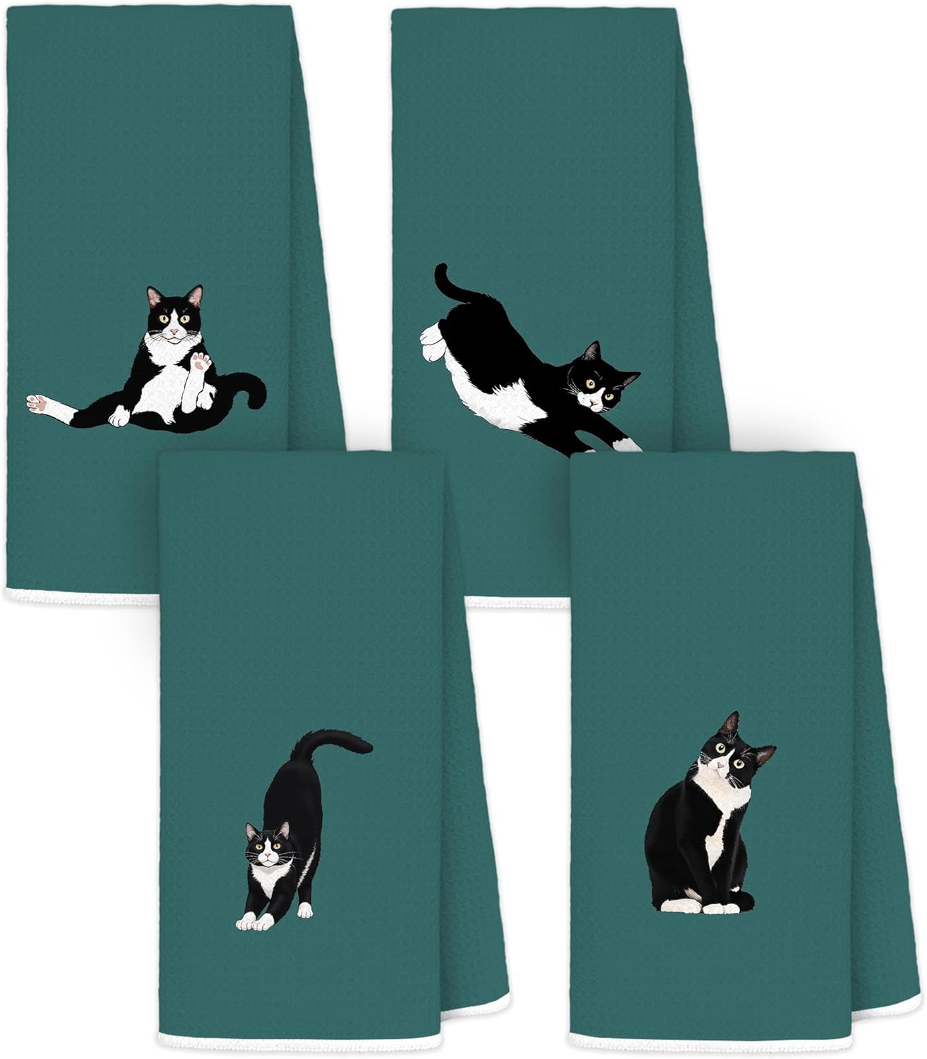 Tuxedo Cat Gifts Kitchen Dish Towels, Cat Lovers Mom Lady Gifts, Black and White Kitty Kitten Decorative Teal Hand Towels for Bathroom, 16x24 Inch Set of 4