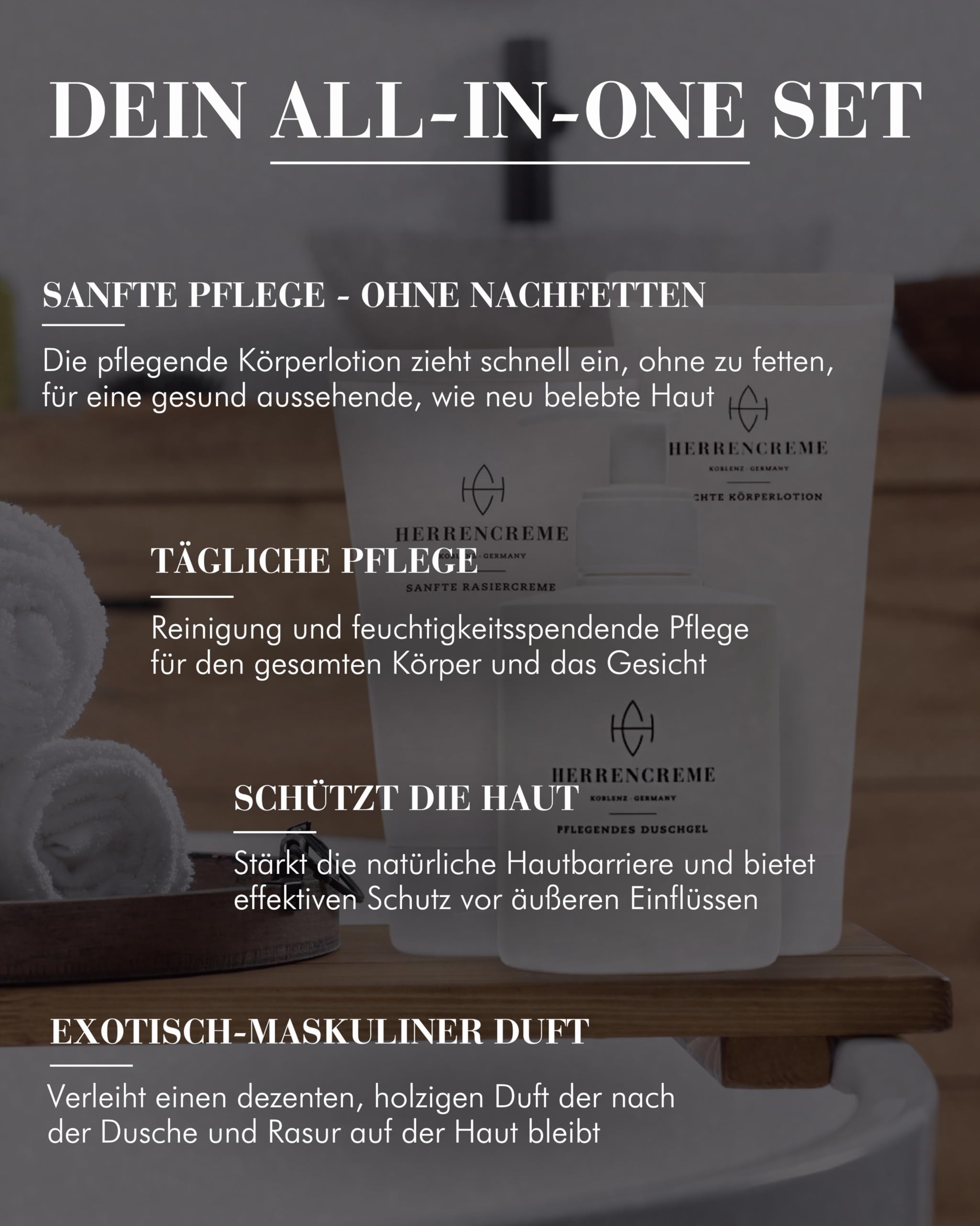 HERRENCREME Körperpflege-Set inkl. Duschgel, Körperlotion & Rasiercreme I Sanftes Waschgel für Gesicht & Körper I Feuchtigkeitsspendende Body-Lotion I Shaving-Cream für Gesicht- & Intimbereich