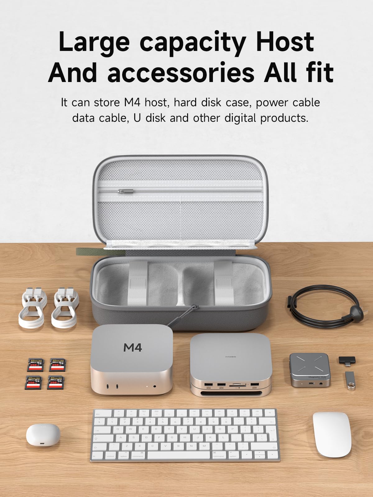 Hagibis Custodia da viaggio per Mac Mini M4/M4 Pro 2024, custodia portatile impermeabile per cavo, caricabatterie, docking station, power bank, scheda SD, mouse, chiavetta USB (grigio)