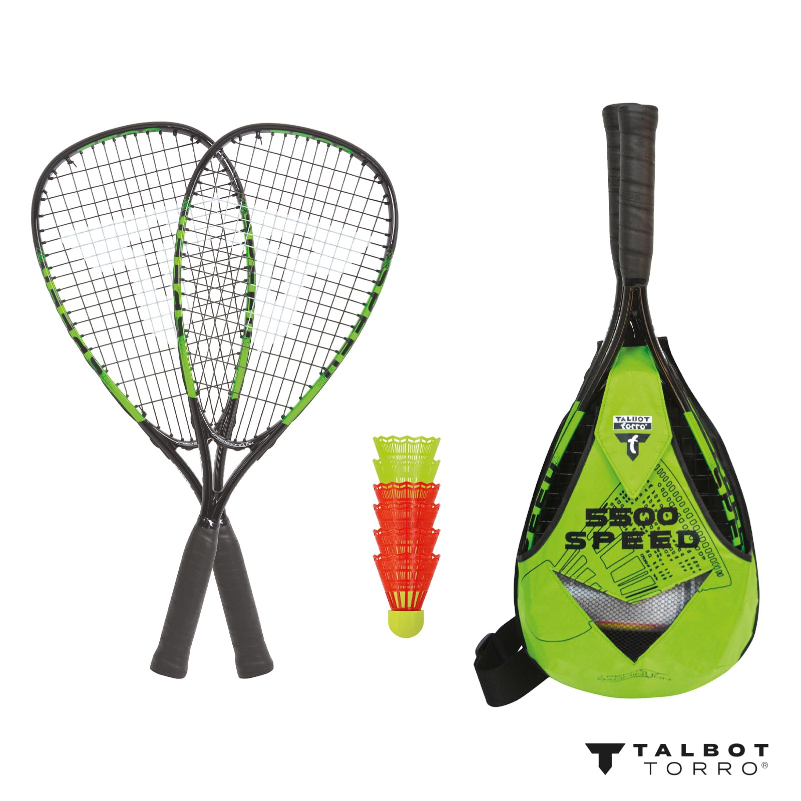 Talbot-Torro Speed-Badminton Set Speed 5500, 2 handliche Alu-Rackets 56,5cm, 6 windstabile Bälle, im trendigen Rucksack