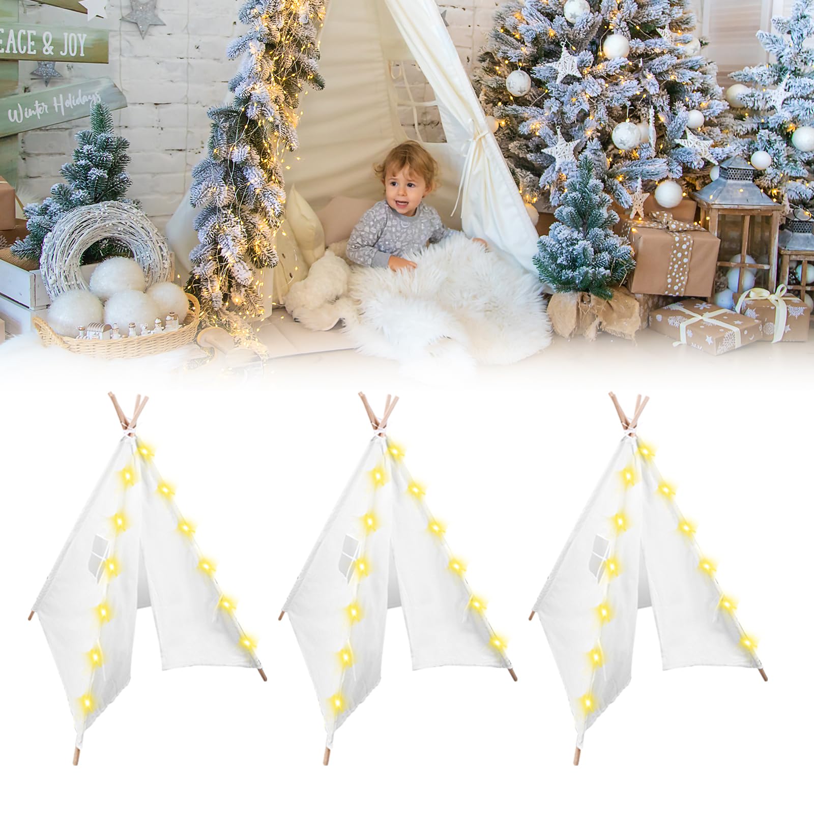 3pcs Teepee Tent with 10FT String Lights for Kids, Canvas Teepee Play Tent, Indoor & Outdoor Playing Tents with for Girls & Boys Party Indoor Outdoor Games (White)
