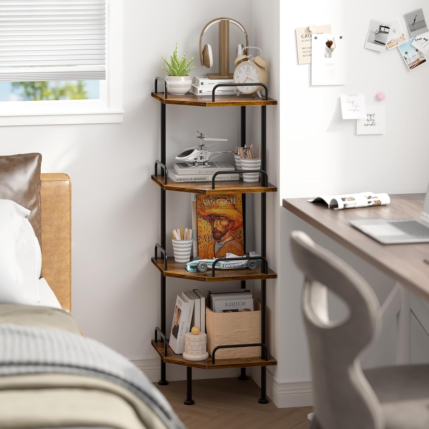 Corner Shelf Stand with Wheel 4-Tier Removable Corner Bookshelf Wood Storage Display Shelf for Bedroom Living Room