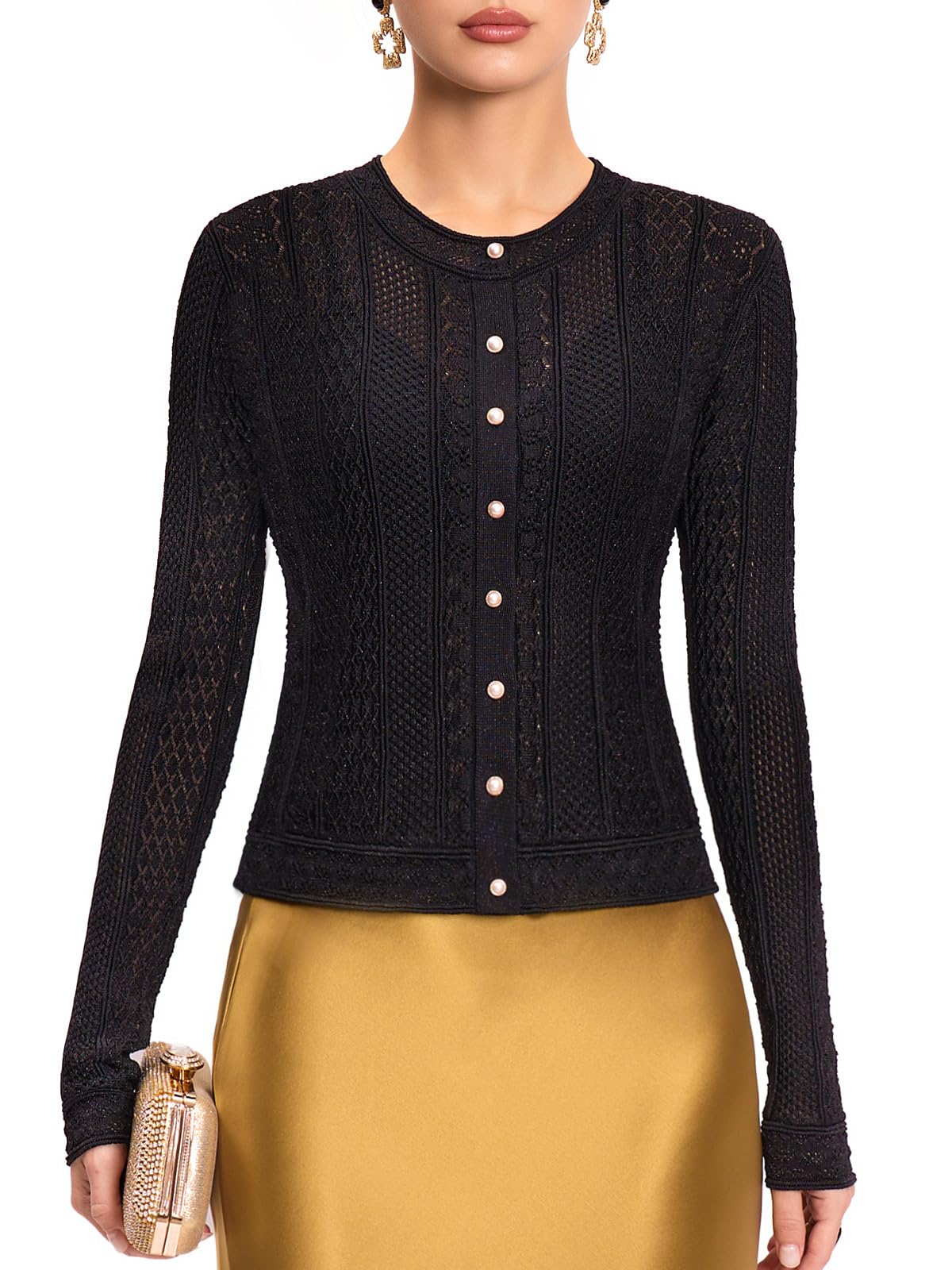 FAIRY SEASON Womens Victorian-Inspired Cropped Cardigan Sweater with Pearl Buttons Golden Thread for Elegant Occasions