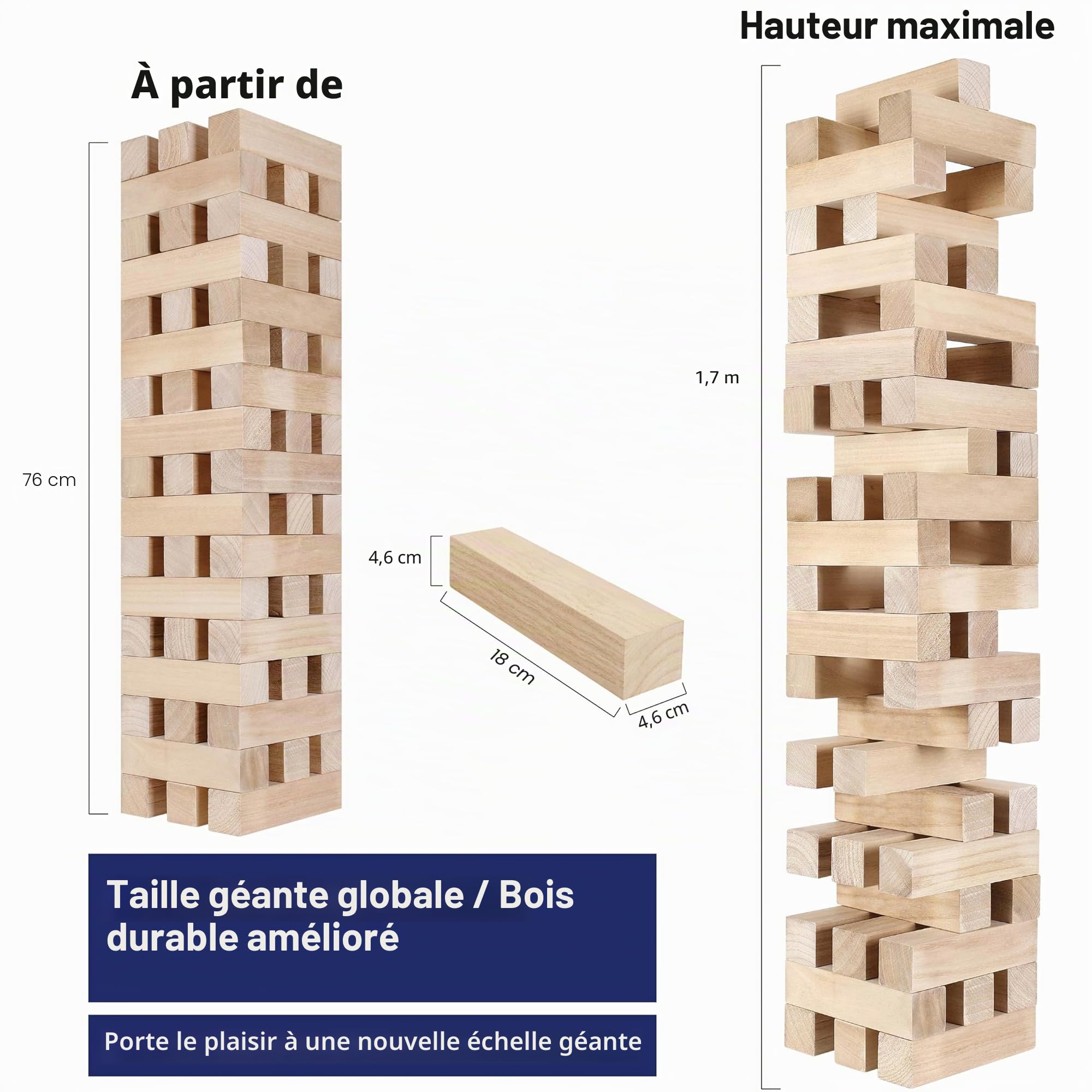 GOTHINK Jeux à Empiler en Bois - 51 Blocs Équilibrés, Empilable Jusqu'à 1.5m de Hauteur, Jeu de Société pour Enfants et Adultes, Idéal pour Fêtes et Soirées