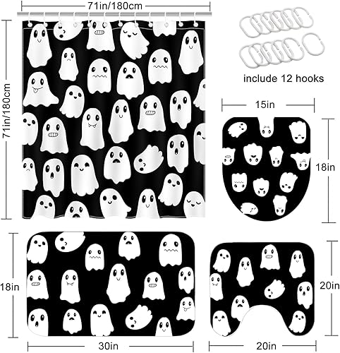 Miniatura 3 de Mocsicka Juego de cortinas de ducha de Halloween para baño, 4 piezas de fantasmas espeluznantes de Halloween con alfombras antideslizantes, cubierta