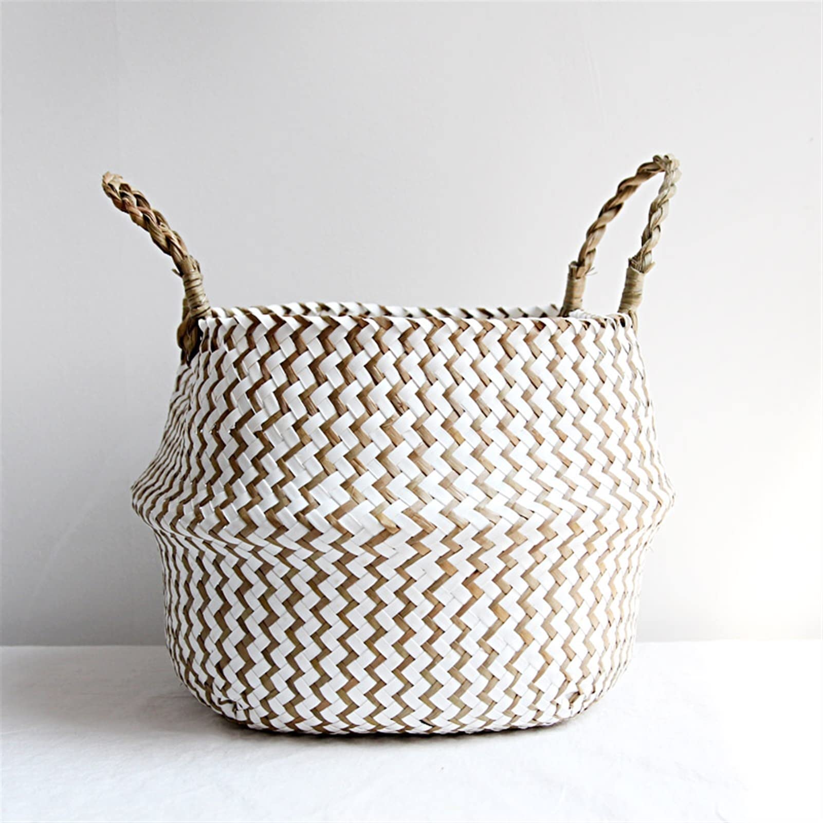 NGDFGR Storage Basket Striped Storage Baskets For Plants Pot Flower Vase Household Foldable Seagrass Laundry Basket Home Decoration Dirty Clothes Hamper,White-23X20cm