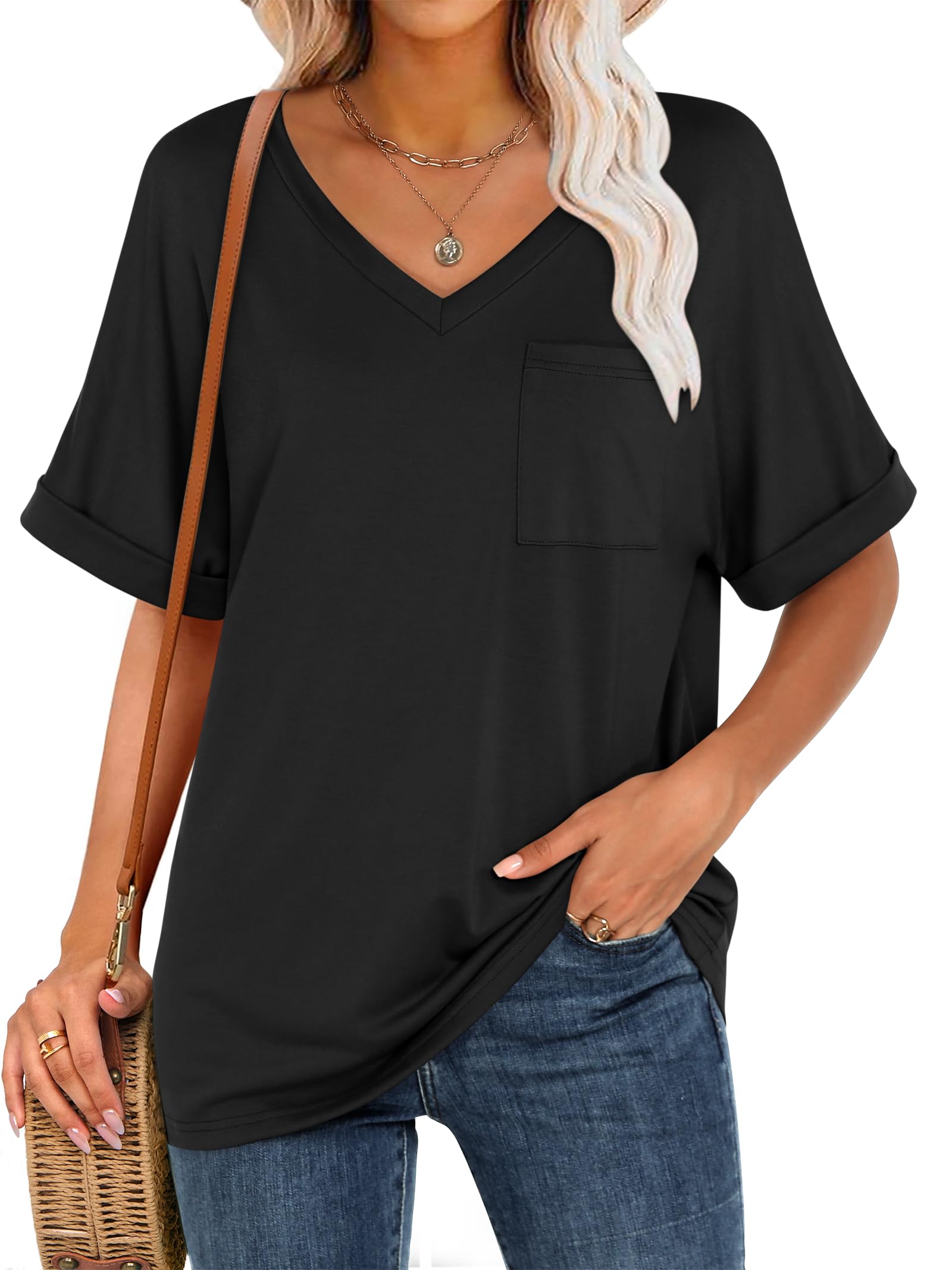ANRABESSWomen T Shirts Oversized Short Sleeve V Neck 2025 Summer Casual Loose Tops Basic Tee Shirts Outfits with Pocket