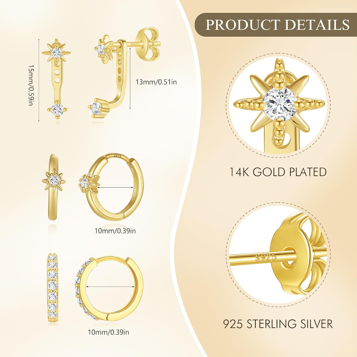 Angelady 3 Pairs Gold Hoop Earrings Set for Women, 14K Small Huggie Earring for Multiple Piercing Hypoallergenic Earring Stacks Trendy Jewelry, Dainty Sun Kite Stud Earrings for Women's Gifts - Image 4