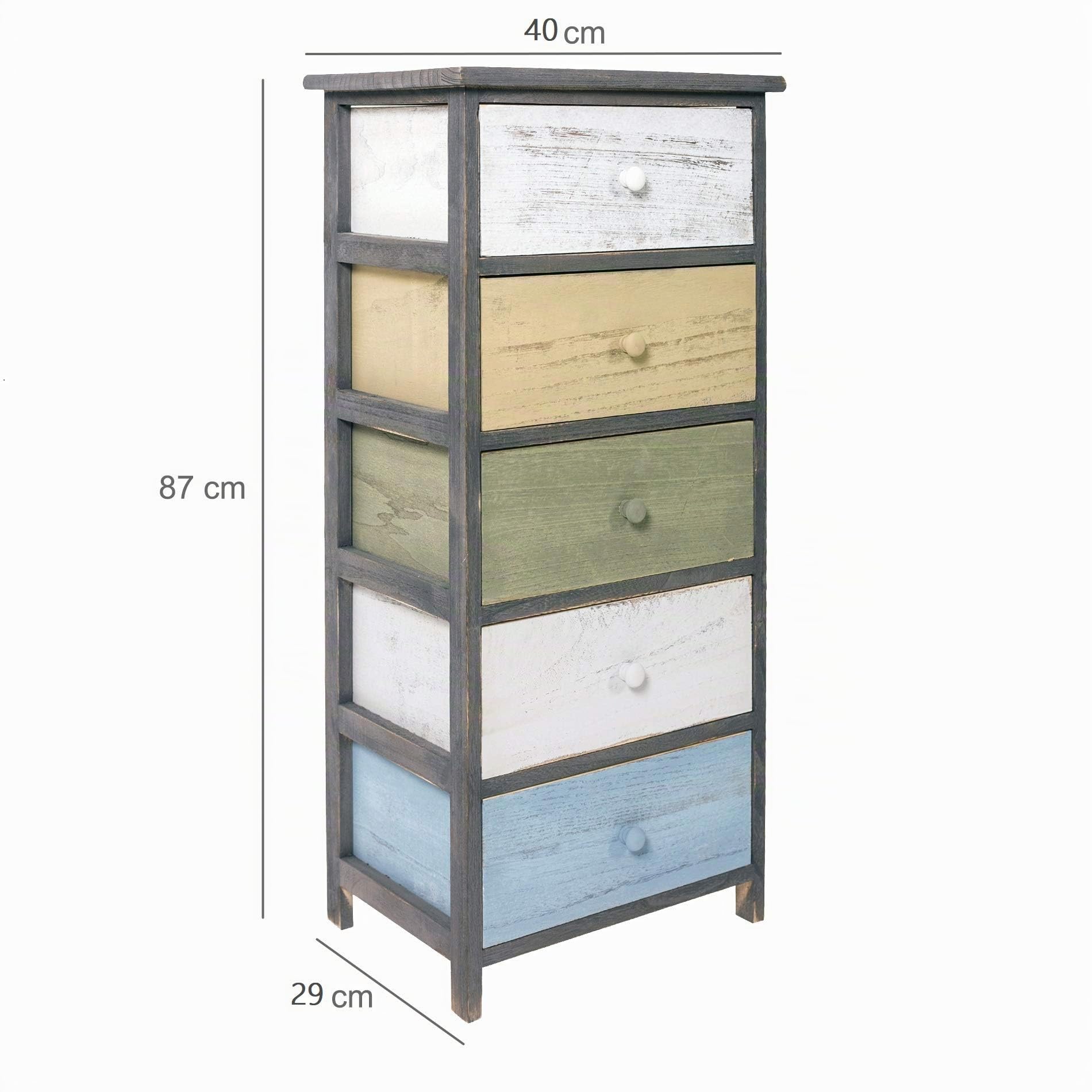 Rebecca Mobili Cassettiera vintage, armadietto 5 cassetti, per camera bagno, legno paulownia, grigio bianco beige azzurro - Misure: 87 x 40 x 29 cm (HxLxP) - Art. RE4885