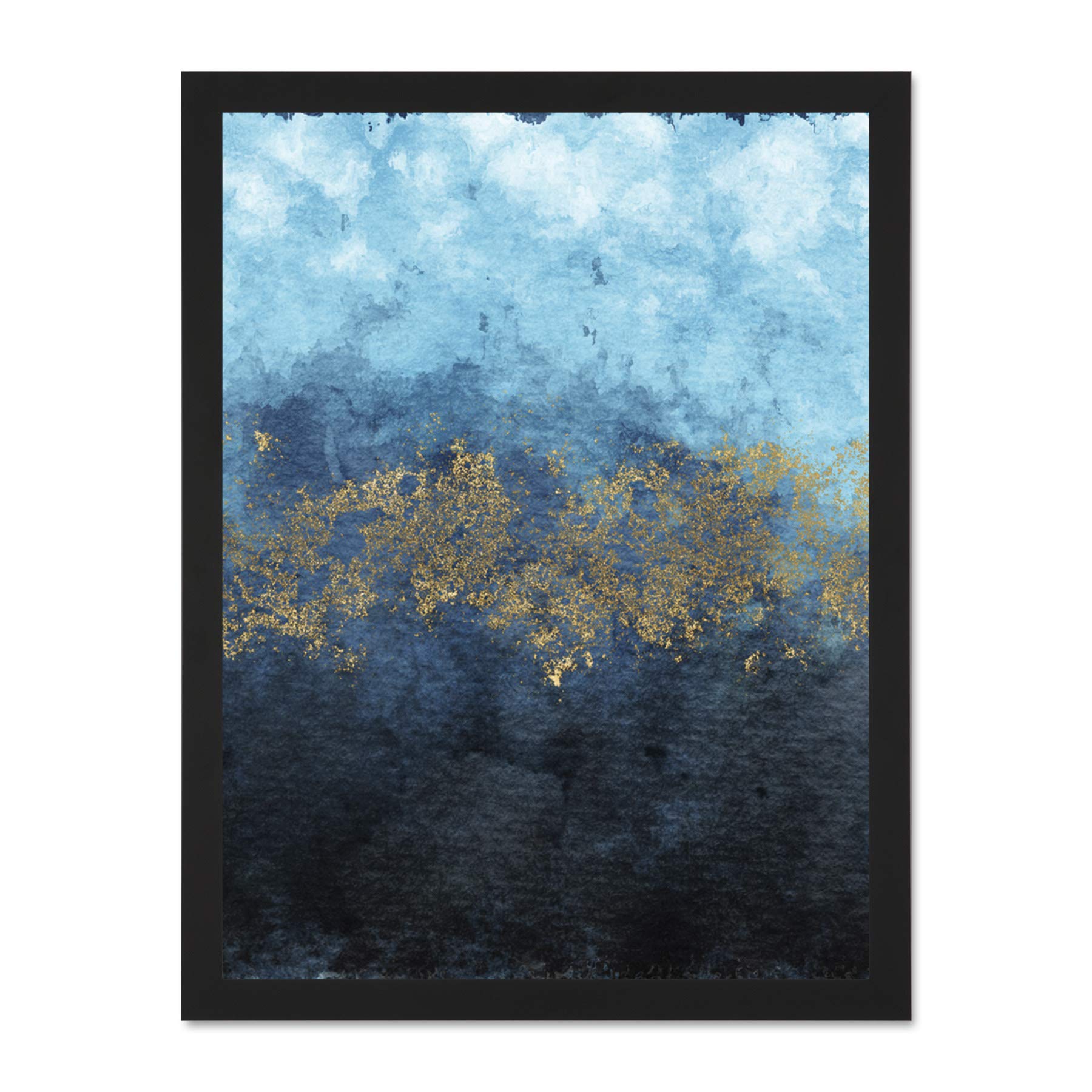 Wee Blue Coo Abstract Blue And Gold Watercolour Large Framed Art Print Wall Poster 18x24 inch