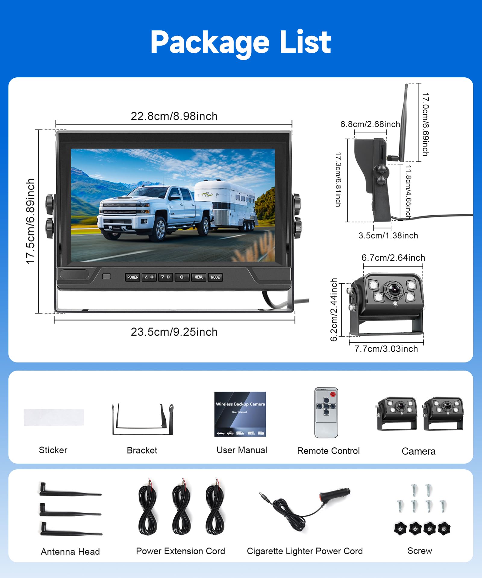 Hodozzy 2 Telecamere Posteriore Digitali Wireless con Monitor IPS da 9 Pollici, Telecamera Retromarcia Impermeabile IP68, Visione Notturna IR, Supporta BSD,Telecamera DVR 720P per Camper/Camion