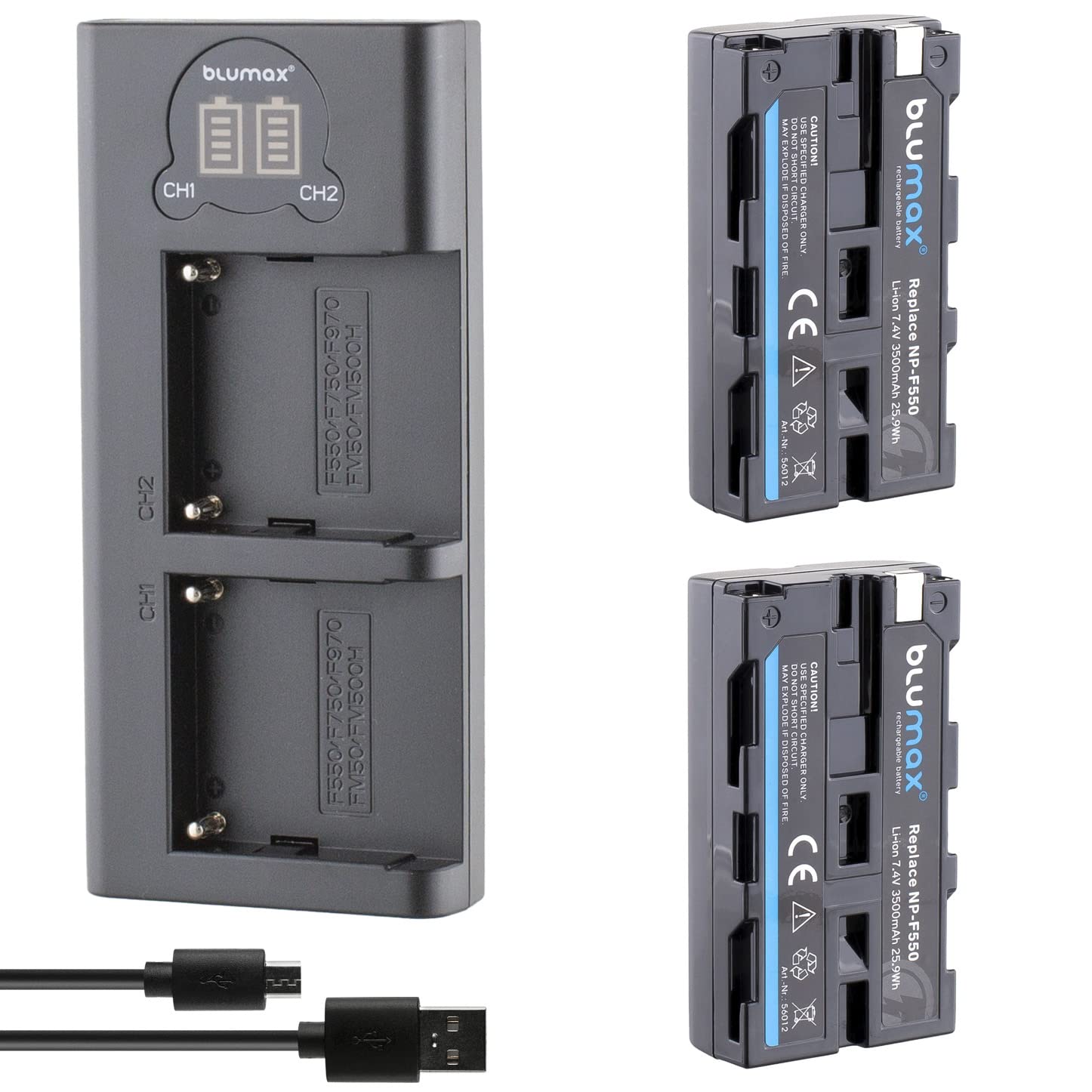Blumax 2X Akku NP-F550 / NP-F750 3500mAh LG Zellen + Dual-Ladegerät LCD | kompatibel mit Sony NP-F570 NP-F530 für Blitzgeräte Videoleuchten Fieldmonitore
