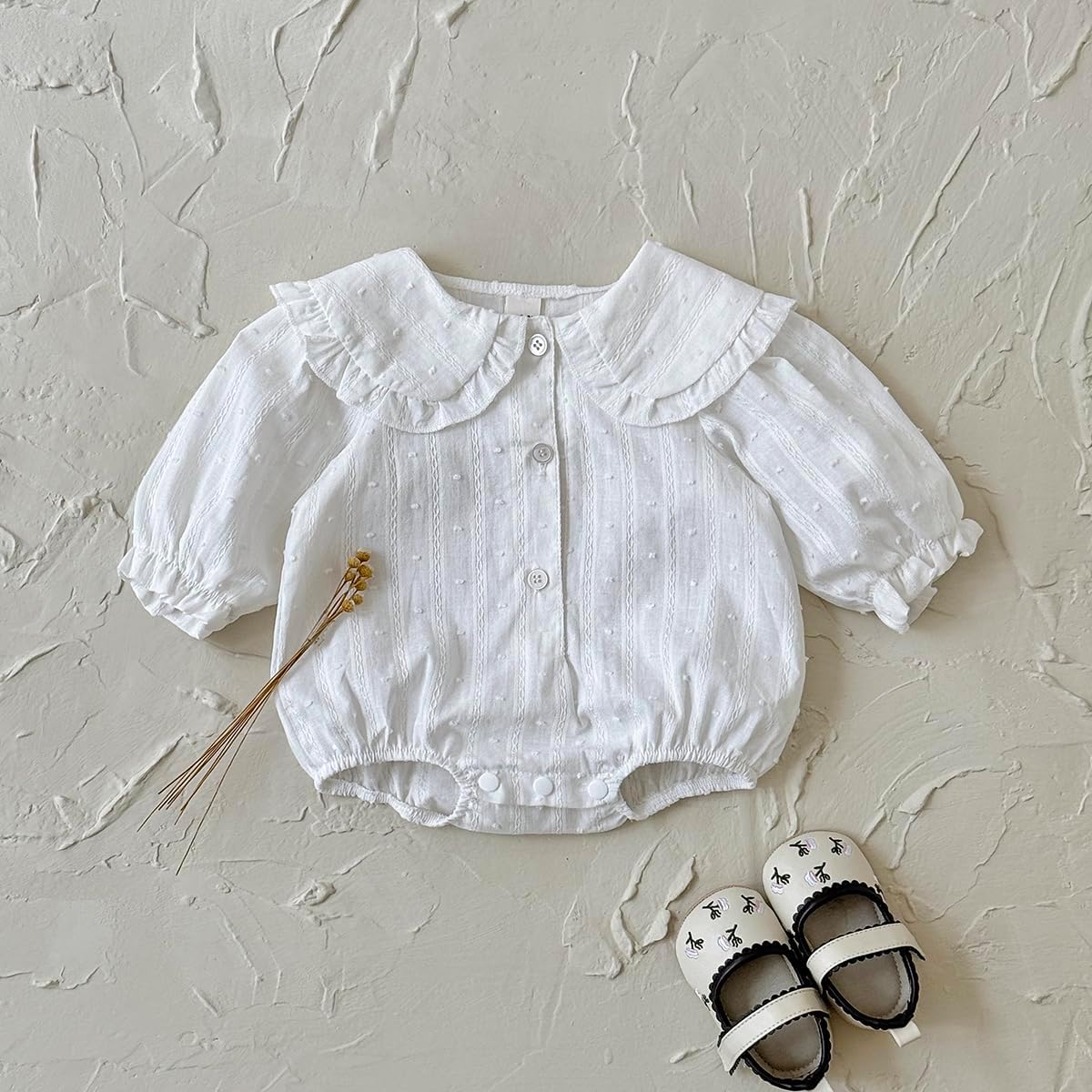 Newborn Girl Clothes White Ruffle Collar Long Sleeve Baby Girl Romper, 0-18 Months