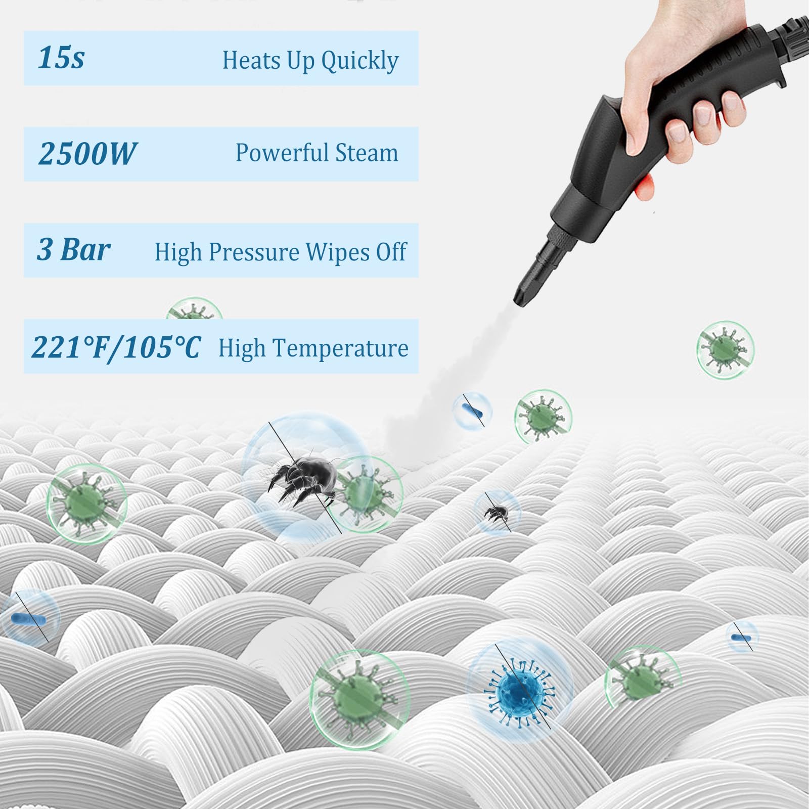 2500W Nettoyeur Vapeur, Nettoyeur Vapeur électrique avec 5 Têtes de Brosse Réglables sur 6 Niveaux, Nettoyeur Multifonction Vapeurde Pour Nettoyer La Saleté, La Graisse Et La PoussièRe