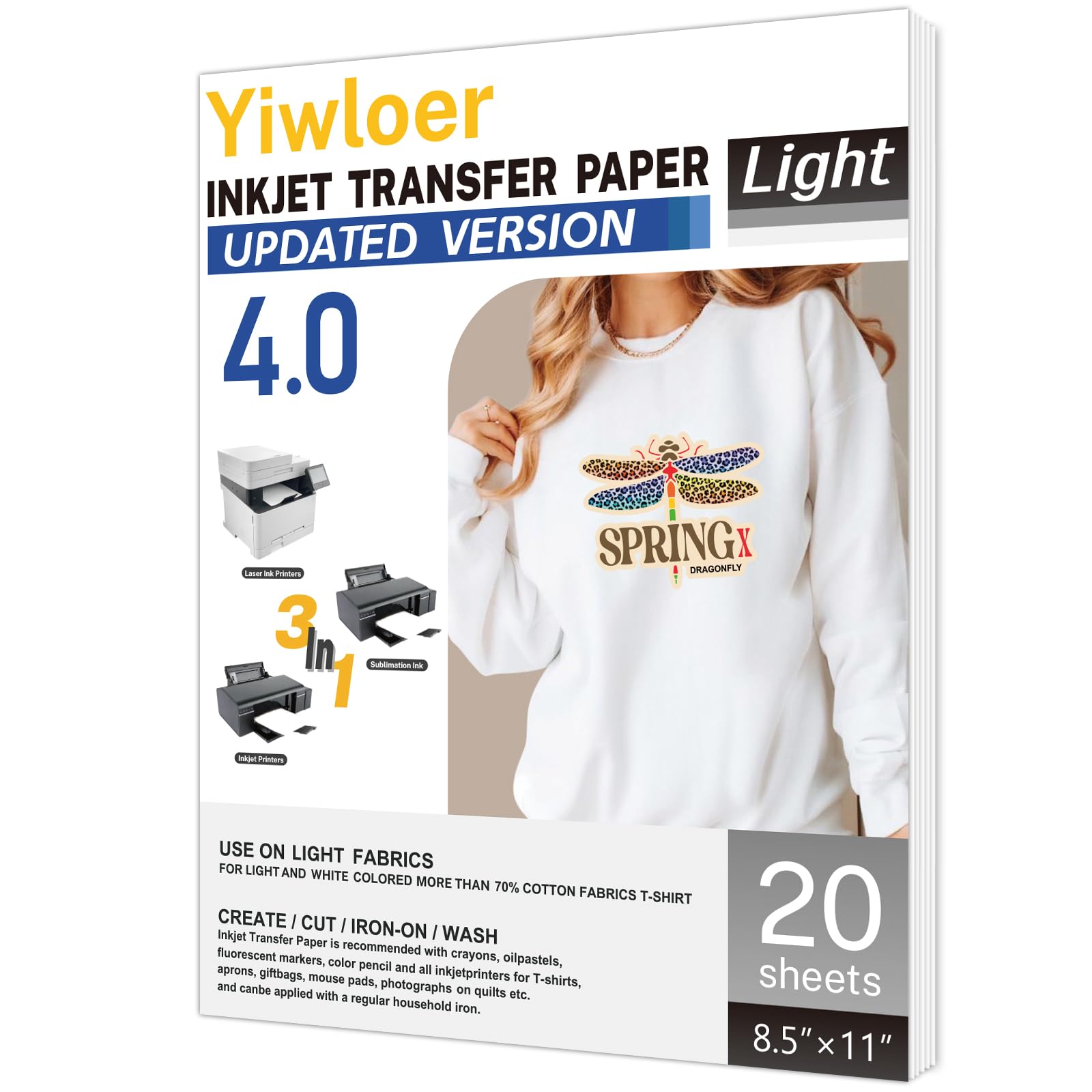 Iron on Heat Transfer Paper for T Shirts 20 Sheets) Iron-on  Transfers Paper for Light Fabric Printable Heat Transfer Vinyl for Inkjet